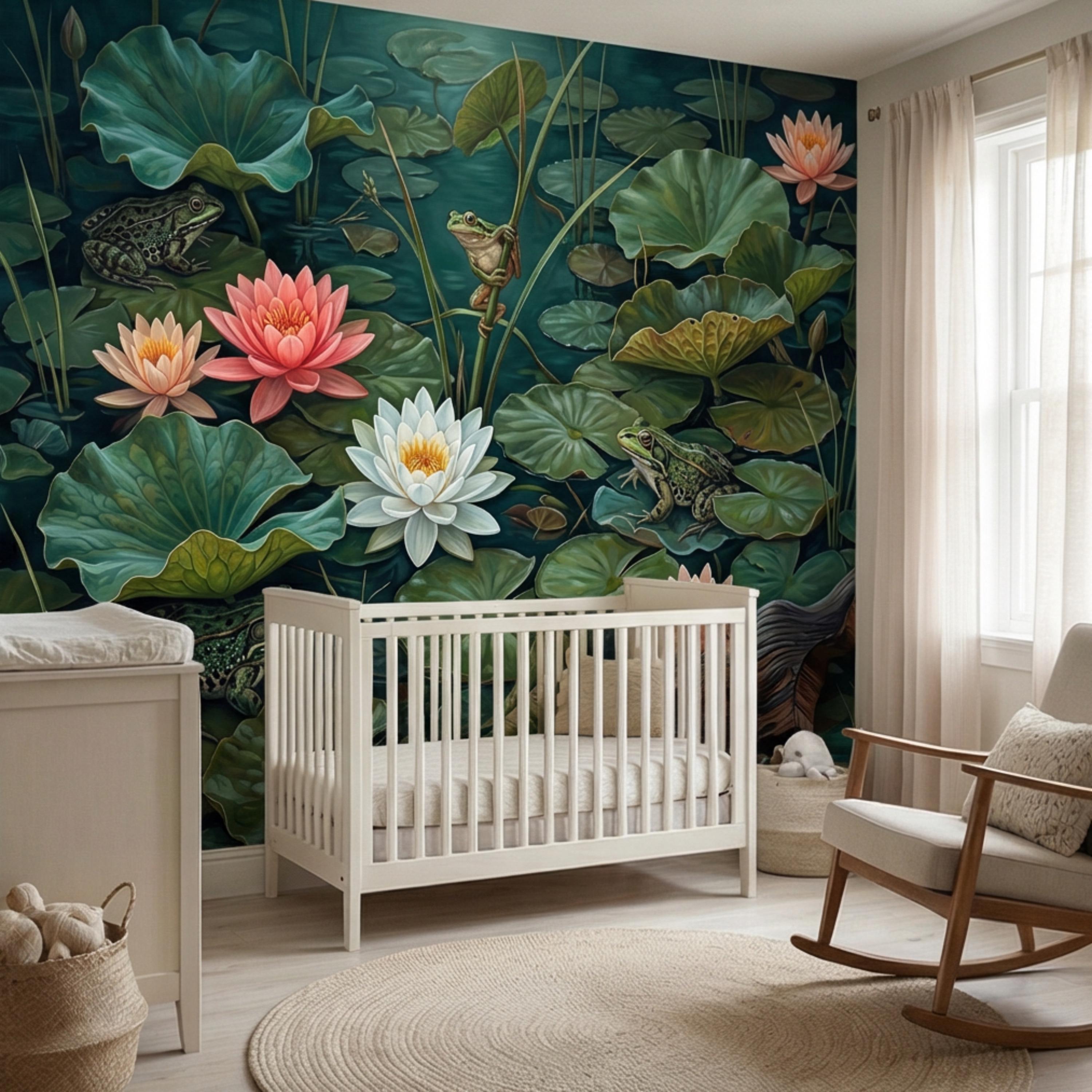 Water Lily Pond Peel and Stick Wall Mural, Frog and Lotus Botanical Wallpaper, Moody Green Nature Wall Decor