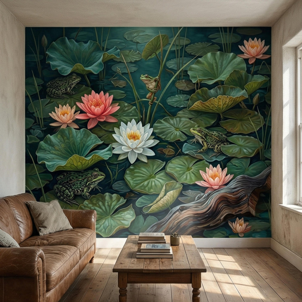 Water Lily Pond Peel and Stick Wall Mural, Frog and Lotus Botanical Wallpaper, Moody Green Nature Wall Decor