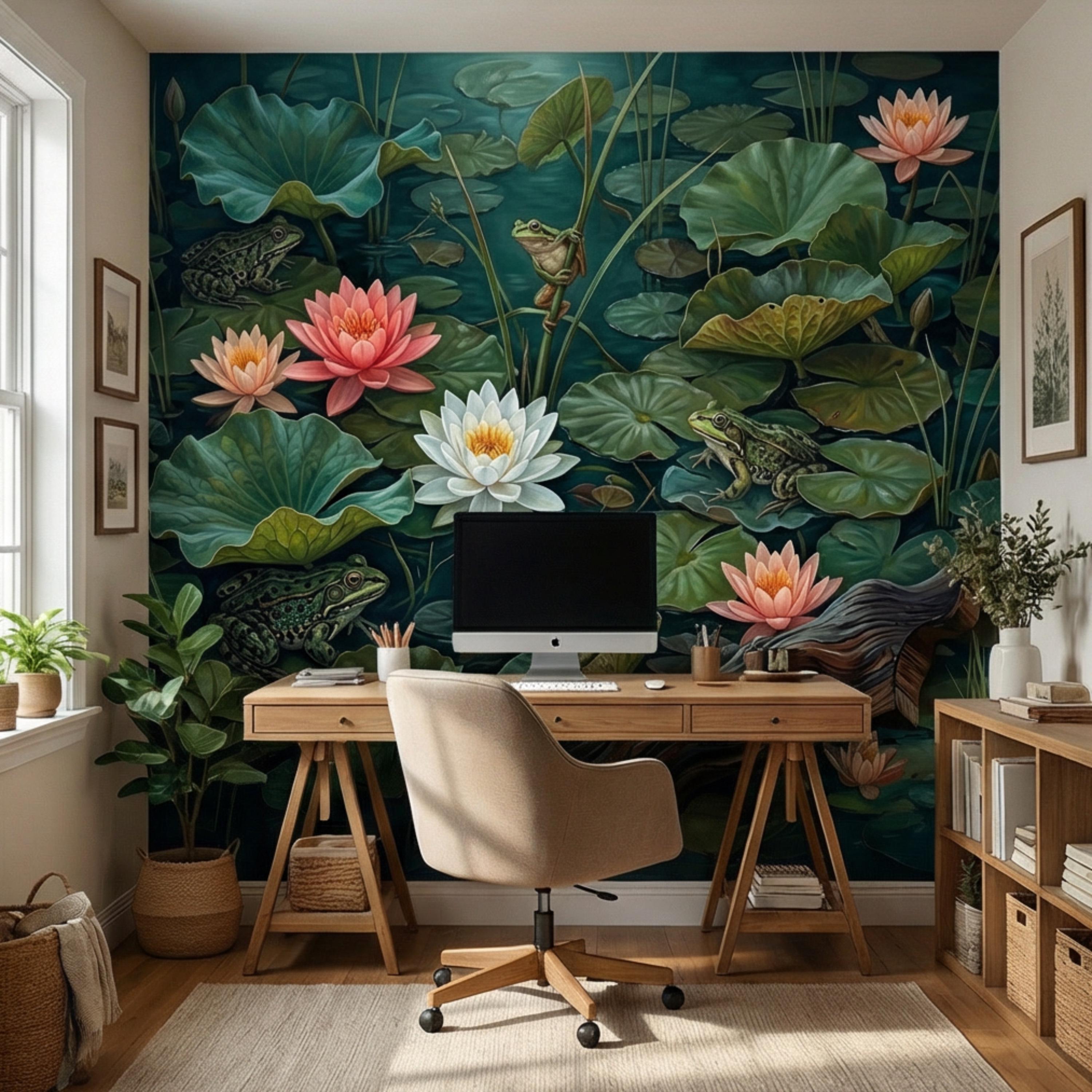 Water Lily Pond Peel and Stick Wall Mural, Frog and Lotus Botanical Wallpaper, Moody Green Nature Wall Decor