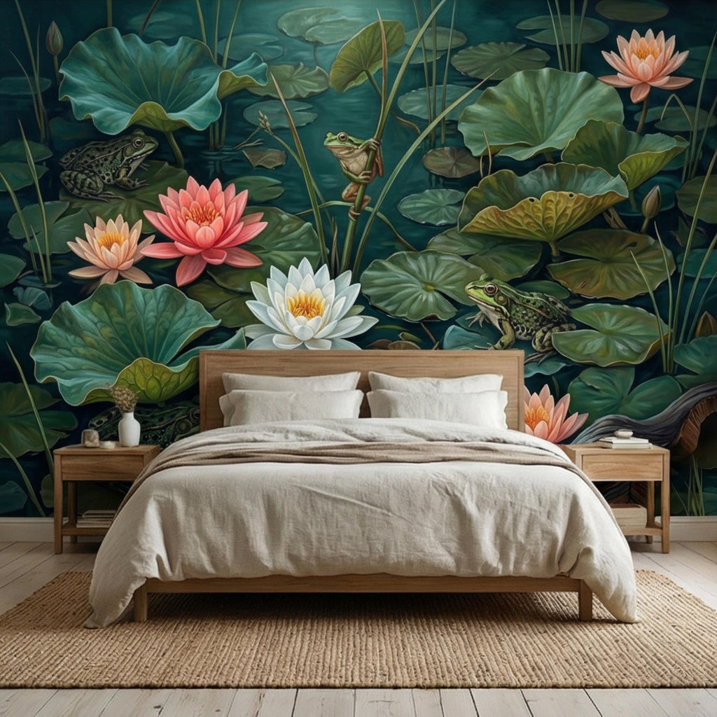 Water Lily Pond Peel and Stick Wall Mural, Frog and Lotus Botanical Wallpaper, Moody Green Nature Wall Decor