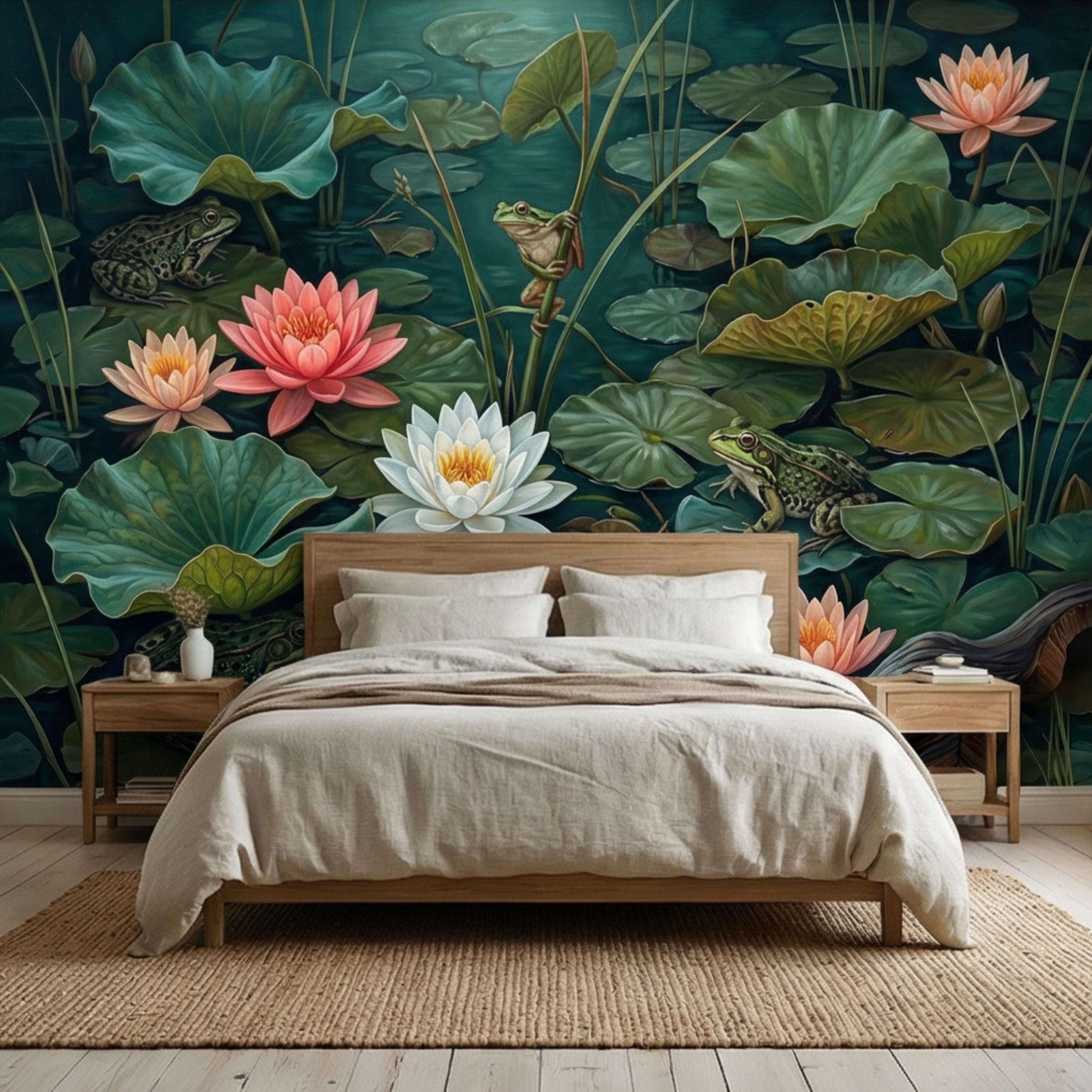 Water Lily Pond Peel and Stick Wall Mural, Frog and Lotus Botanical Wallpaper, Moody Green Nature Wall Decor