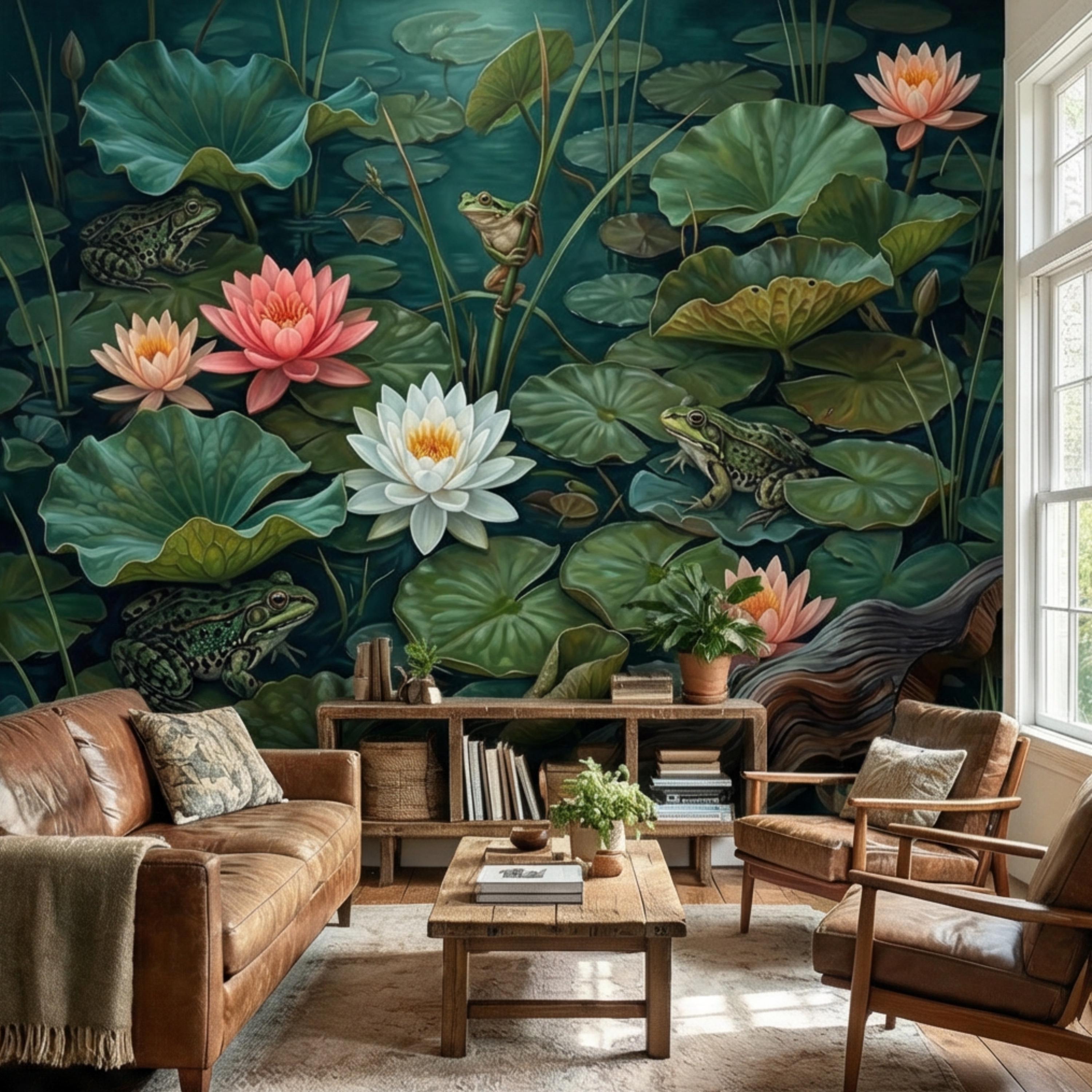 Water Lily Pond Peel and Stick Wall Mural, Frog and Lotus Botanical Wallpaper, Moody Green Nature Wall Decor