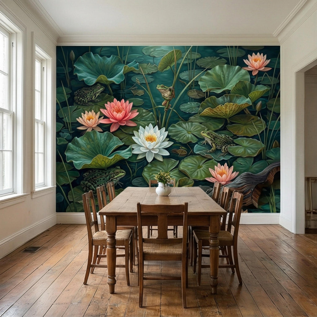 Water Lily Pond Peel and Stick Wall Mural, Frog and Lotus Botanical Wallpaper, Moody Green Nature Wall Decor