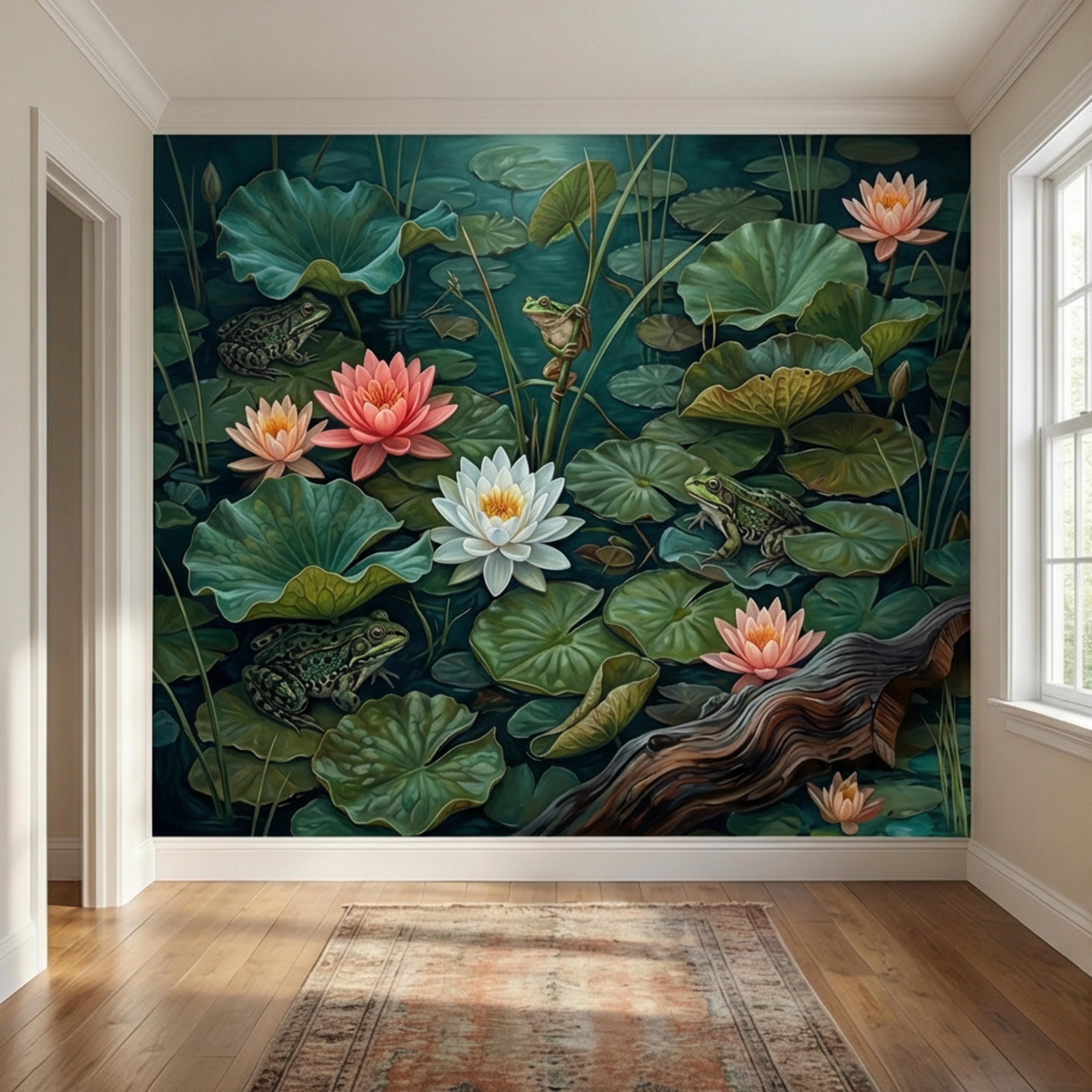 Water Lily Pond Peel and Stick Wall Mural, Frog and Lotus Botanical Wallpaper, Moody Green Nature Wall Decor