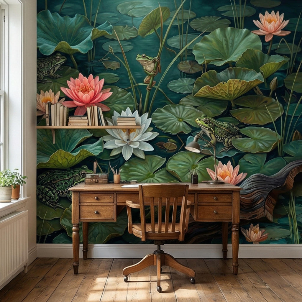 Water Lily Pond Peel and Stick Wall Mural, Frog and Lotus Botanical Wallpaper, Moody Green Nature Wall Decor