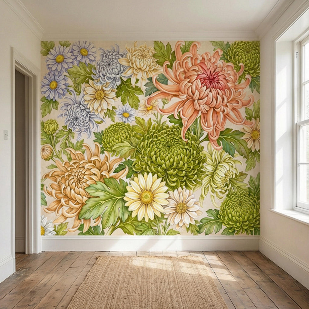 Vintage Chrysanthemum Peel and Stick Wall Mural, Botanical Floral Wallpaper Daisy and Green Tones