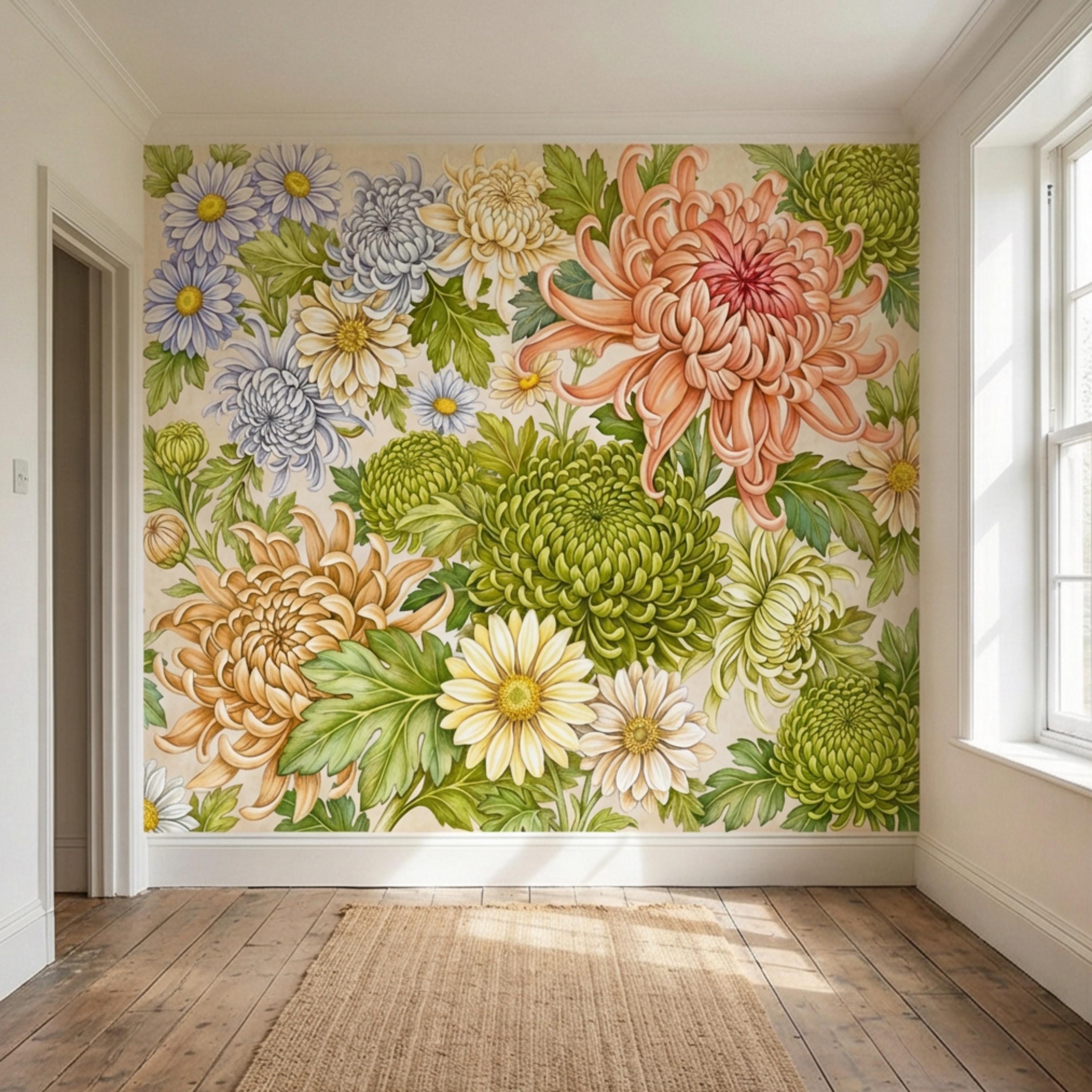Vintage Chrysanthemum Peel and Stick Wall Mural, Botanical Floral Wallpaper Daisy and Green Tones