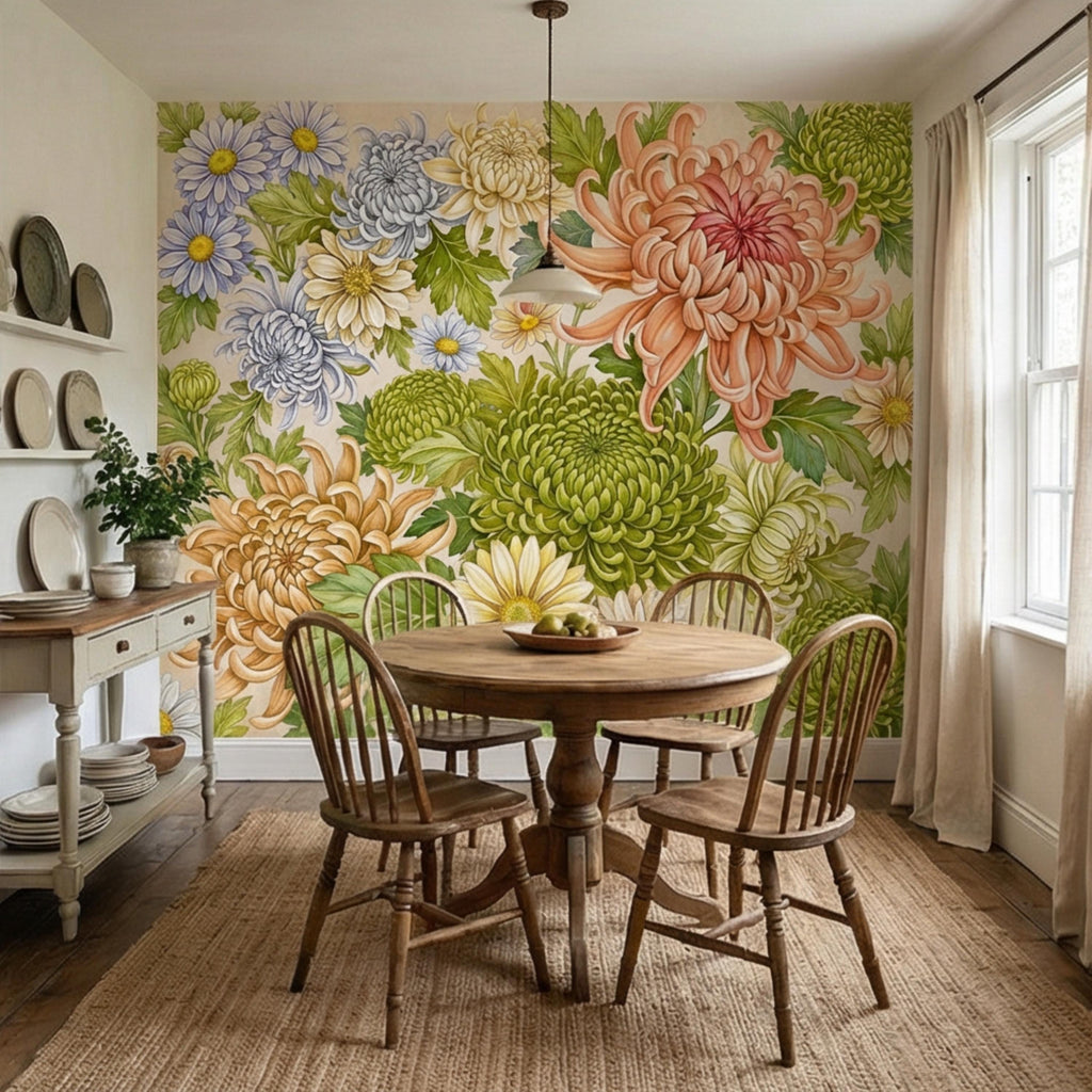 Vintage Chrysanthemum Peel and Stick Wall Mural, Botanical Floral Wallpaper Daisy and Green Tones