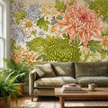 Vintage Chrysanthemum Peel and Stick Wall Mural, Botanical Floral Wallpaper Daisy and Green Tones