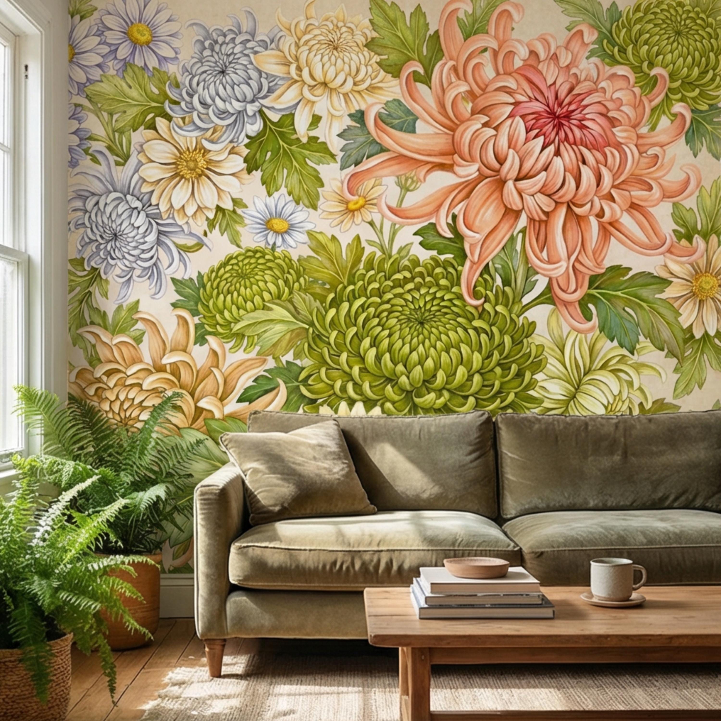 Vintage Chrysanthemum Peel and Stick Wall Mural, Botanical Floral Wallpaper Daisy and Green Tones