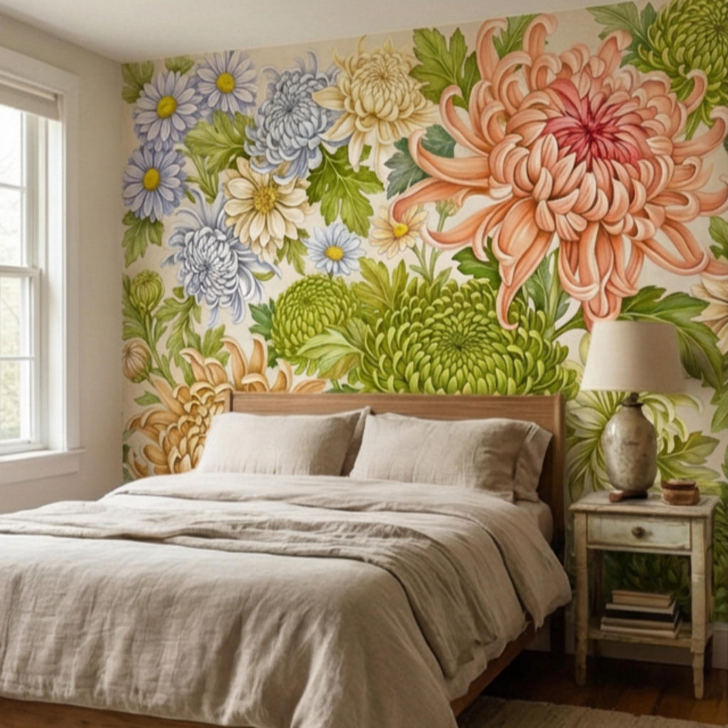 Vintage Chrysanthemum Peel and Stick Wall Mural, Botanical Floral Wallpaper Daisy and Green Tones