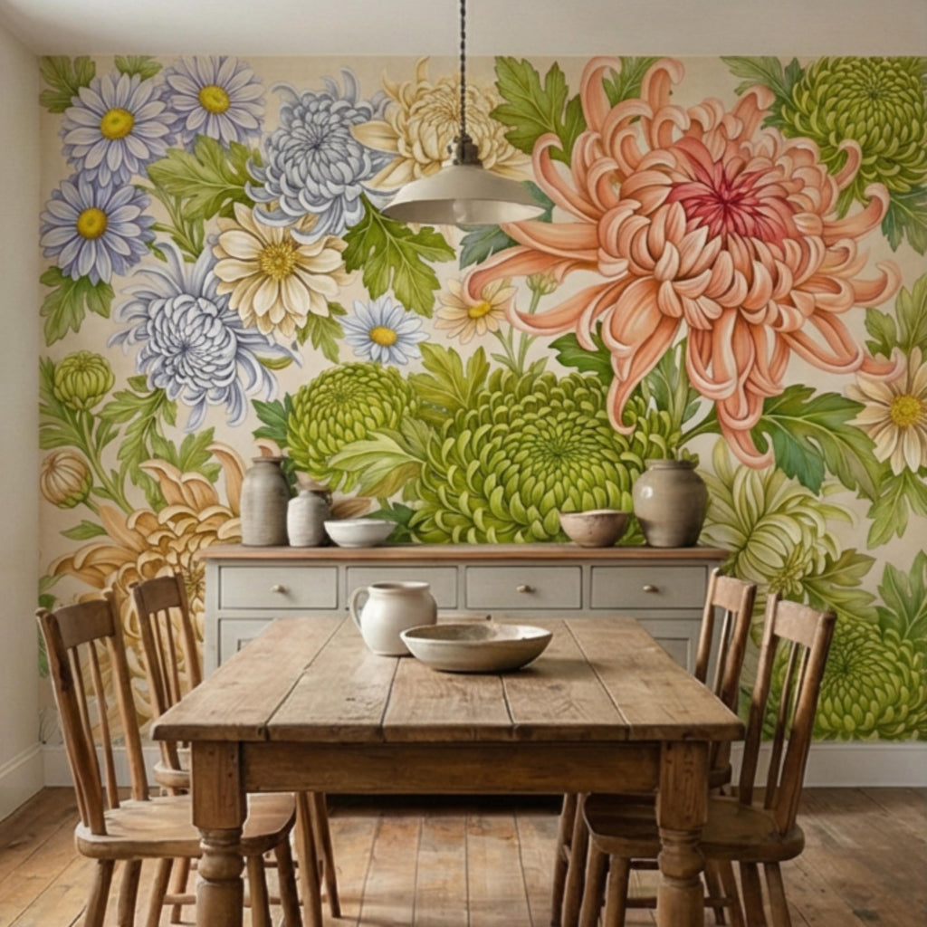 Vintage Chrysanthemum Peel and Stick Wall Mural, Botanical Floral Wallpaper Daisy and Green Tones