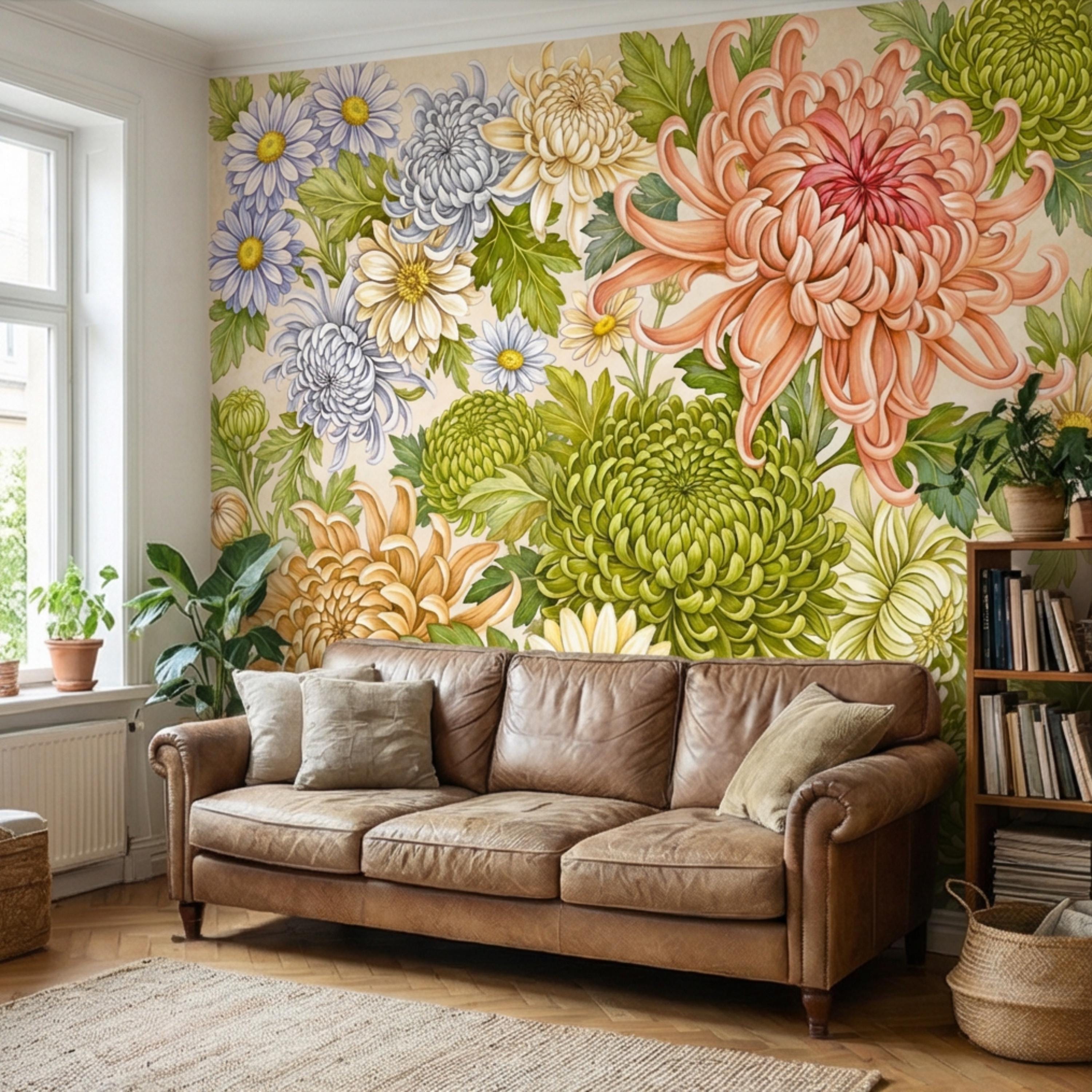 Vintage Chrysanthemum Peel and Stick Wall Mural, Botanical Floral Wallpaper Daisy and Green Tones