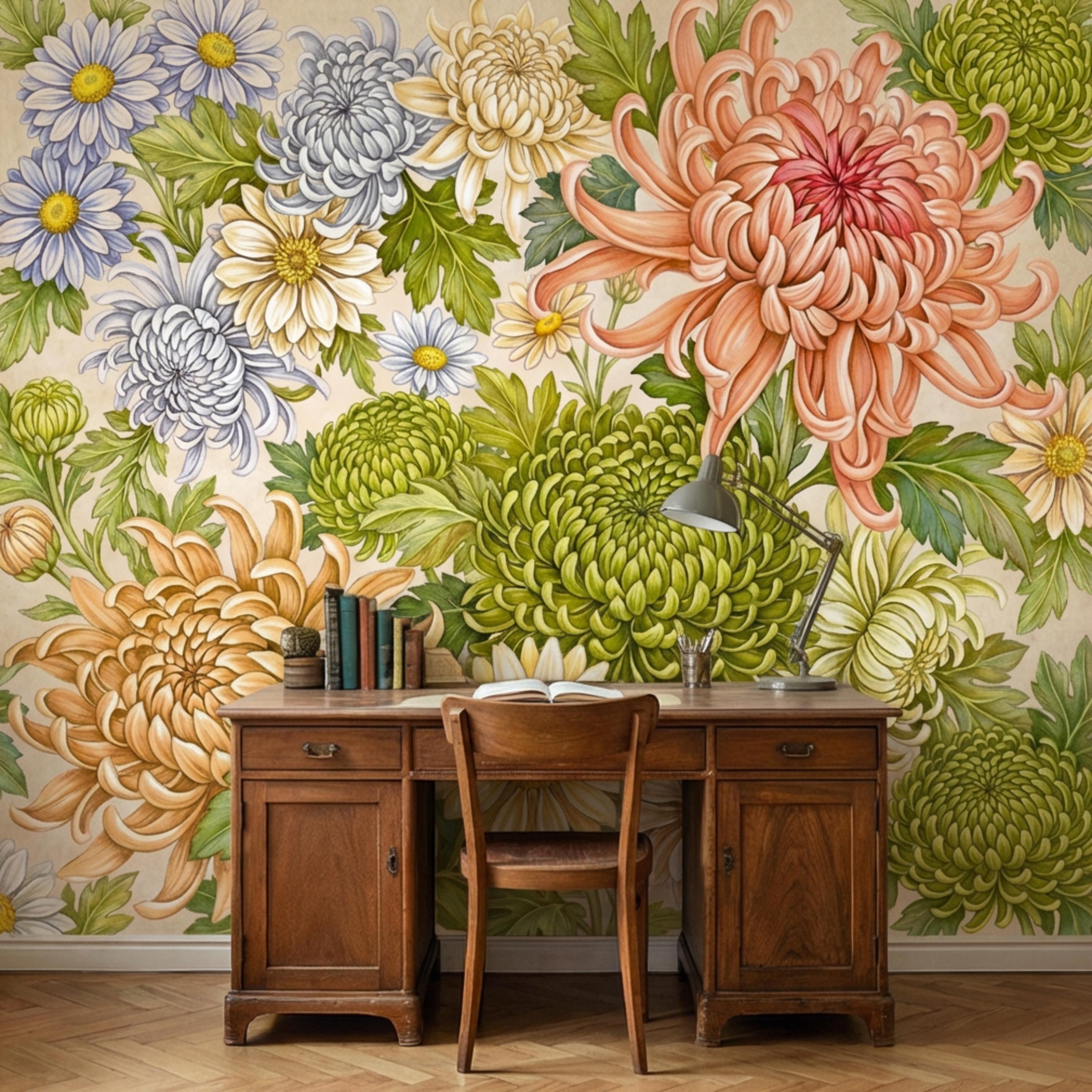 Vintage Chrysanthemum Peel and Stick Wall Mural, Botanical Floral Wallpaper Daisy and Green Tones