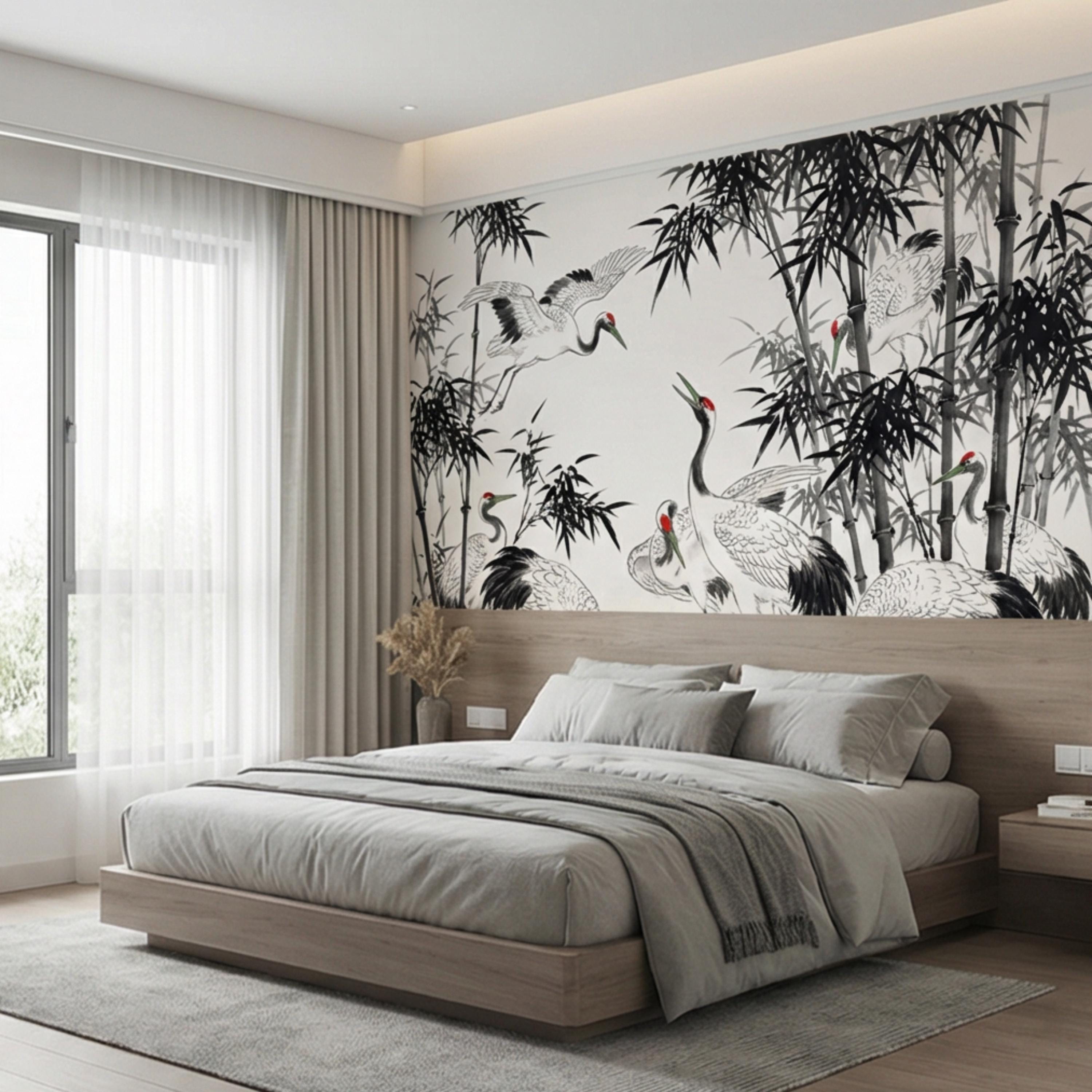 Japanese Crane Chinoiserie Bamboo Birds Peel and Stick Wall Mural, Zen Asian Wallpaper Decor Living Room Bedroom