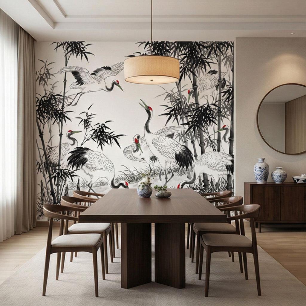 Japanese Crane Chinoiserie Bamboo Birds Peel and Stick Wall Mural, Zen Asian Wallpaper Decor Living Room Bedroom