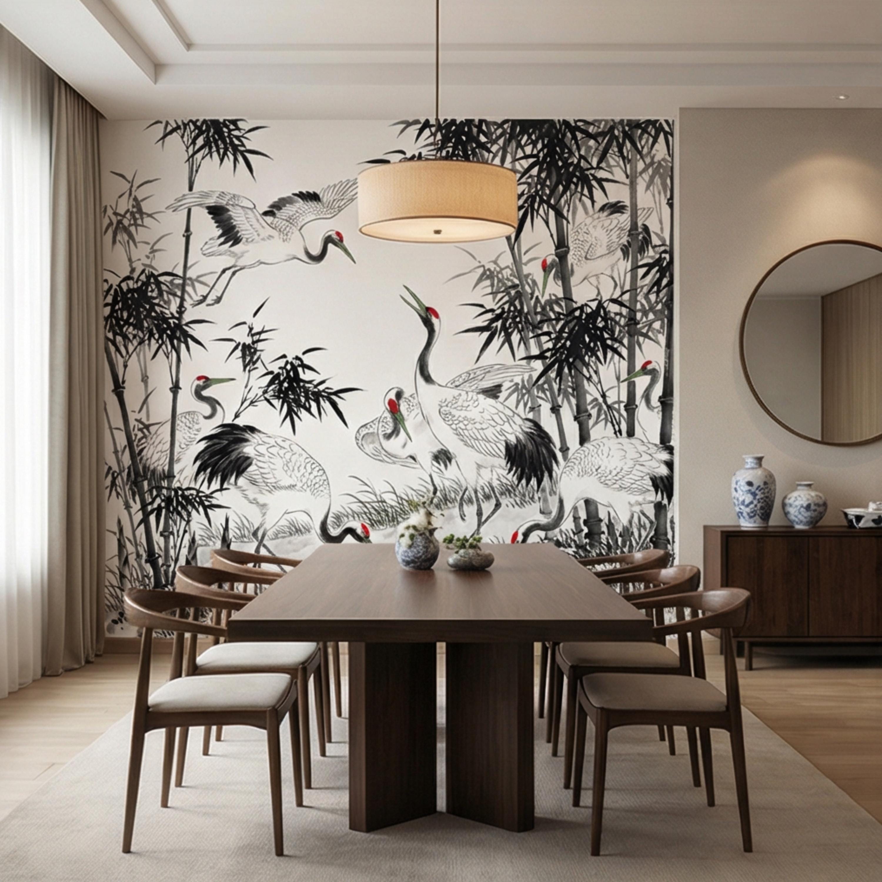 Japanese Crane Chinoiserie Bamboo Birds Peel and Stick Wall Mural, Zen Asian Wallpaper Decor Living Room Bedroom