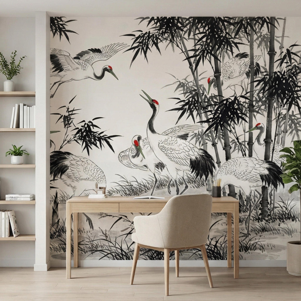 Japanese Crane Chinoiserie Bamboo Birds Peel and Stick Wall Mural, Zen Asian Wallpaper Decor Living Room Bedroom