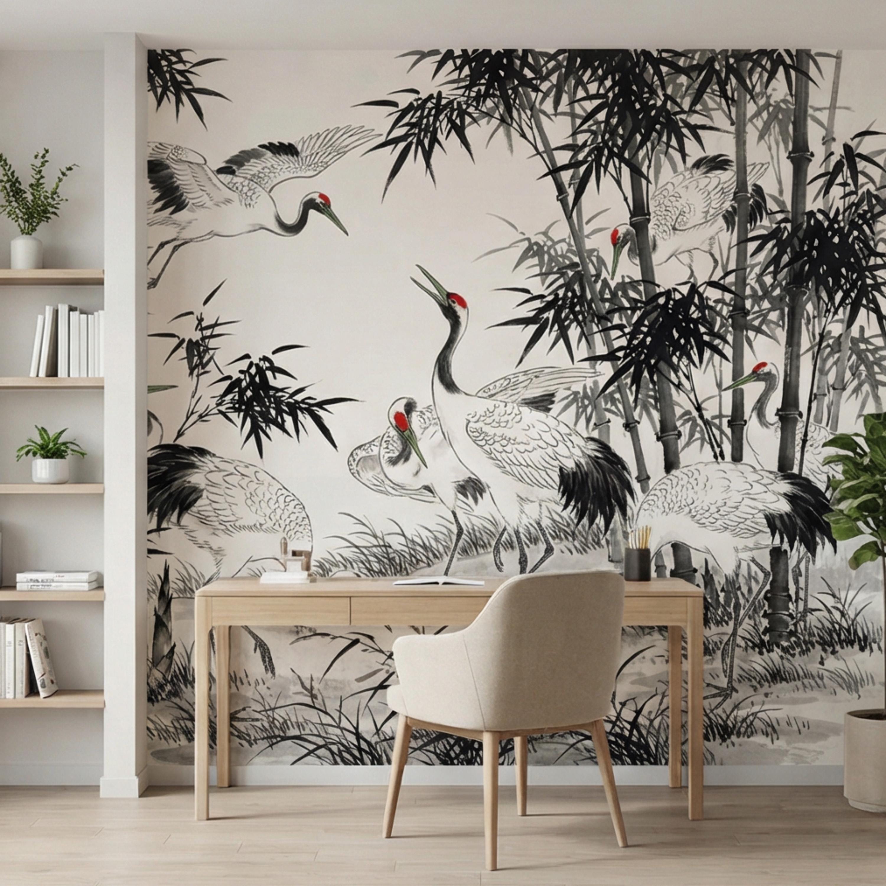 Japanese Crane Chinoiserie Bamboo Birds Peel and Stick Wall Mural, Zen Asian Wallpaper Decor Living Room Bedroom