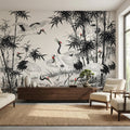 Japanese Crane Chinoiserie Bamboo Birds Peel and Stick Wall Mural, Zen Asian Wallpaper Decor Living Room Bedroom