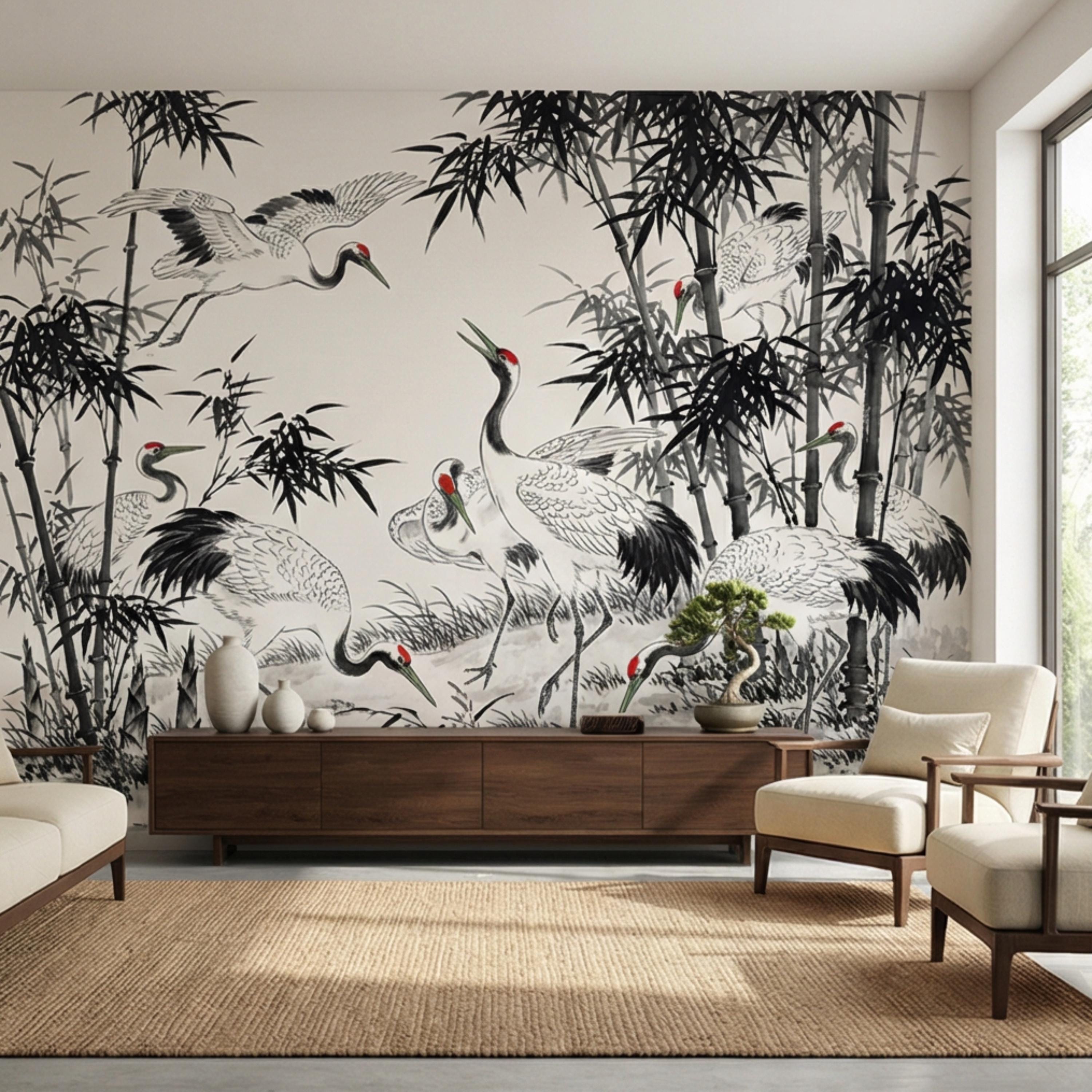 Japanese Crane Chinoiserie Bamboo Birds Peel and Stick Wall Mural, Zen Asian Wallpaper Decor Living Room Bedroom