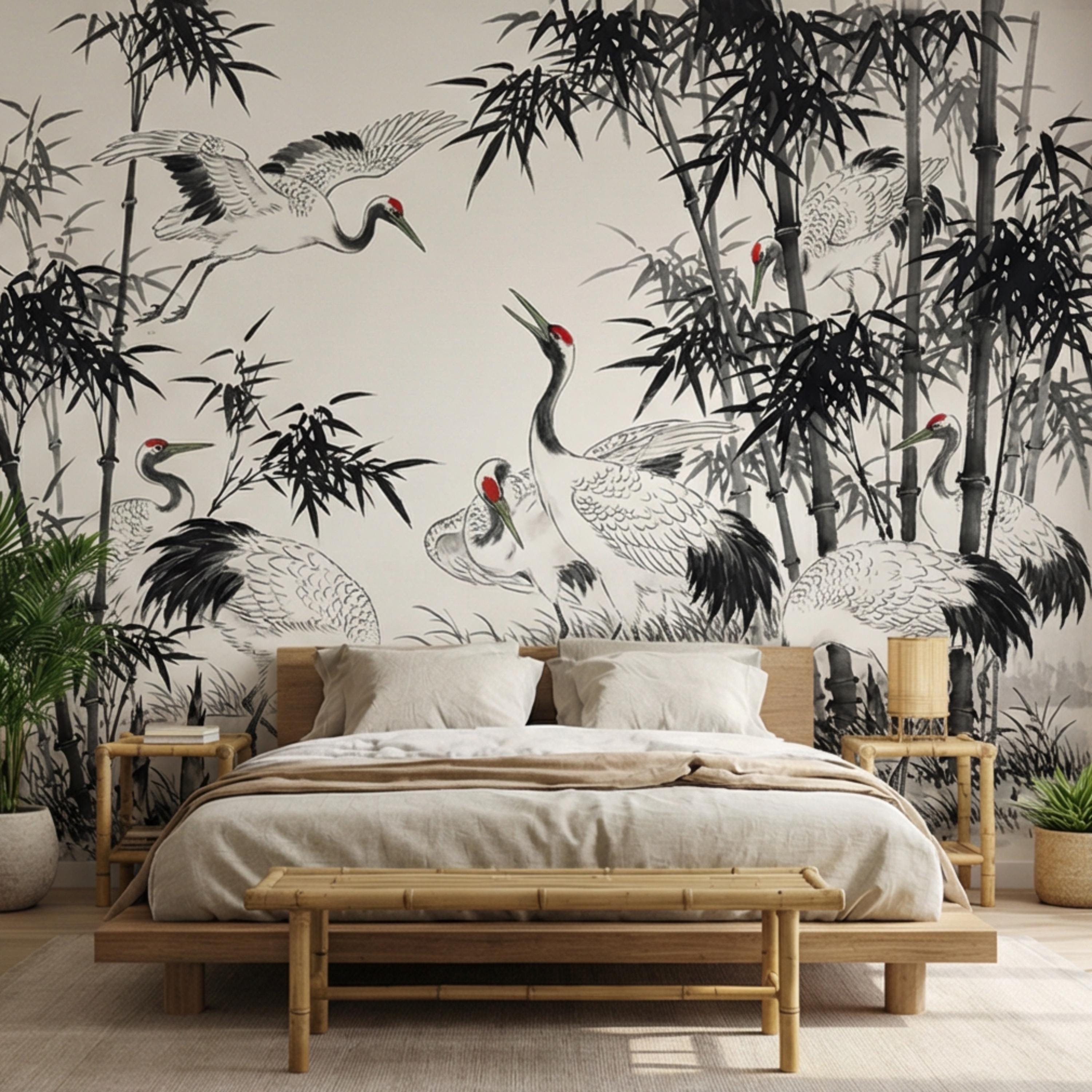Japanese Crane Chinoiserie Bamboo Birds Peel and Stick Wall Mural, Zen Asian Wallpaper Decor Living Room Bedroom