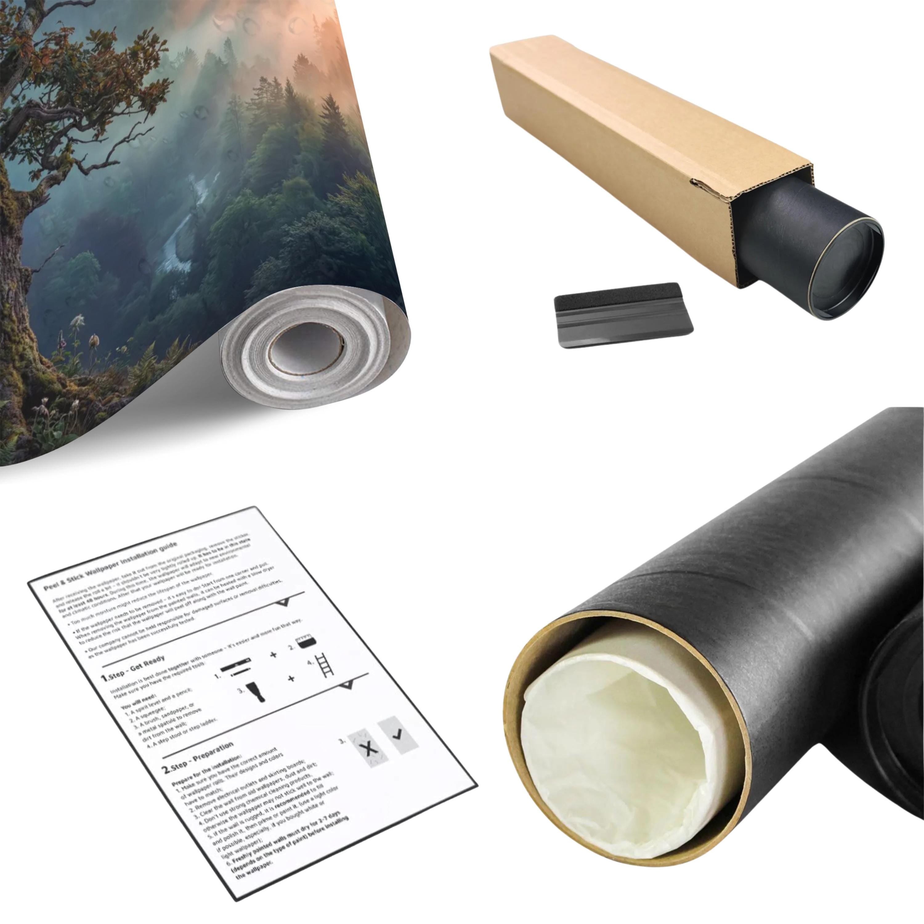 Mountain Sunrise Over Misty Forest Peel and Stick Wall Mural, Dramatic Valley Landscape Wallpaper