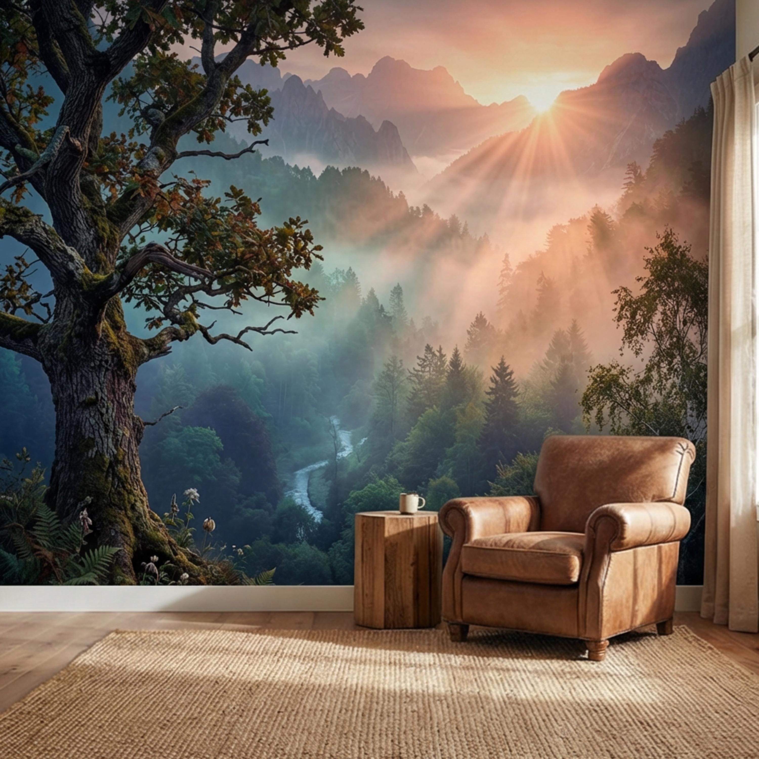 Mountain Sunrise Over Misty Forest Peel and Stick Wall Mural, Dramatic Valley Landscape Wallpaper