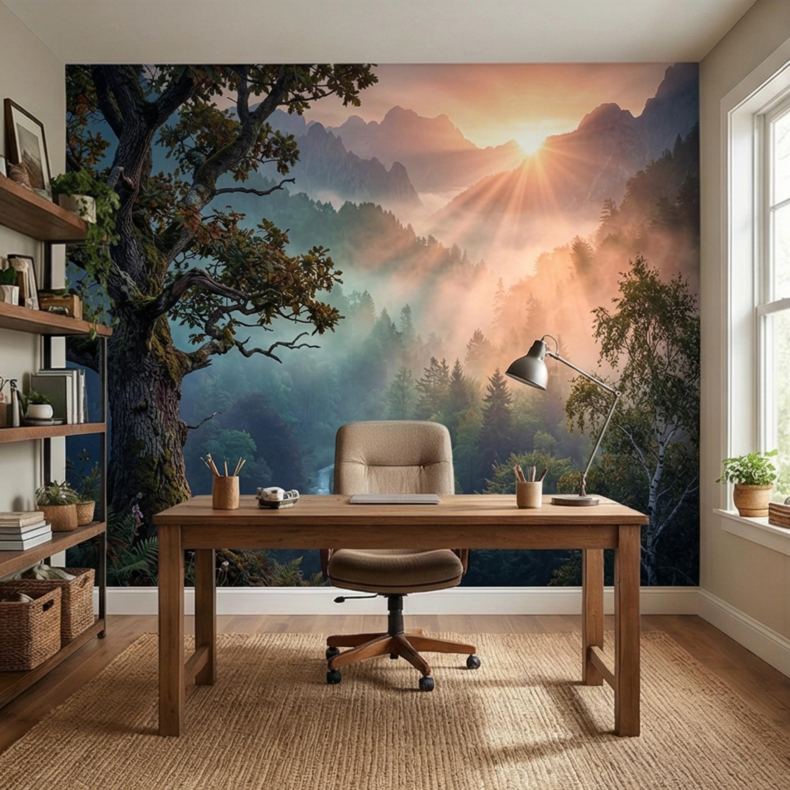 Mountain Sunrise Over Misty Forest Peel and Stick Wall Mural, Dramatic Valley Landscape Wallpaper