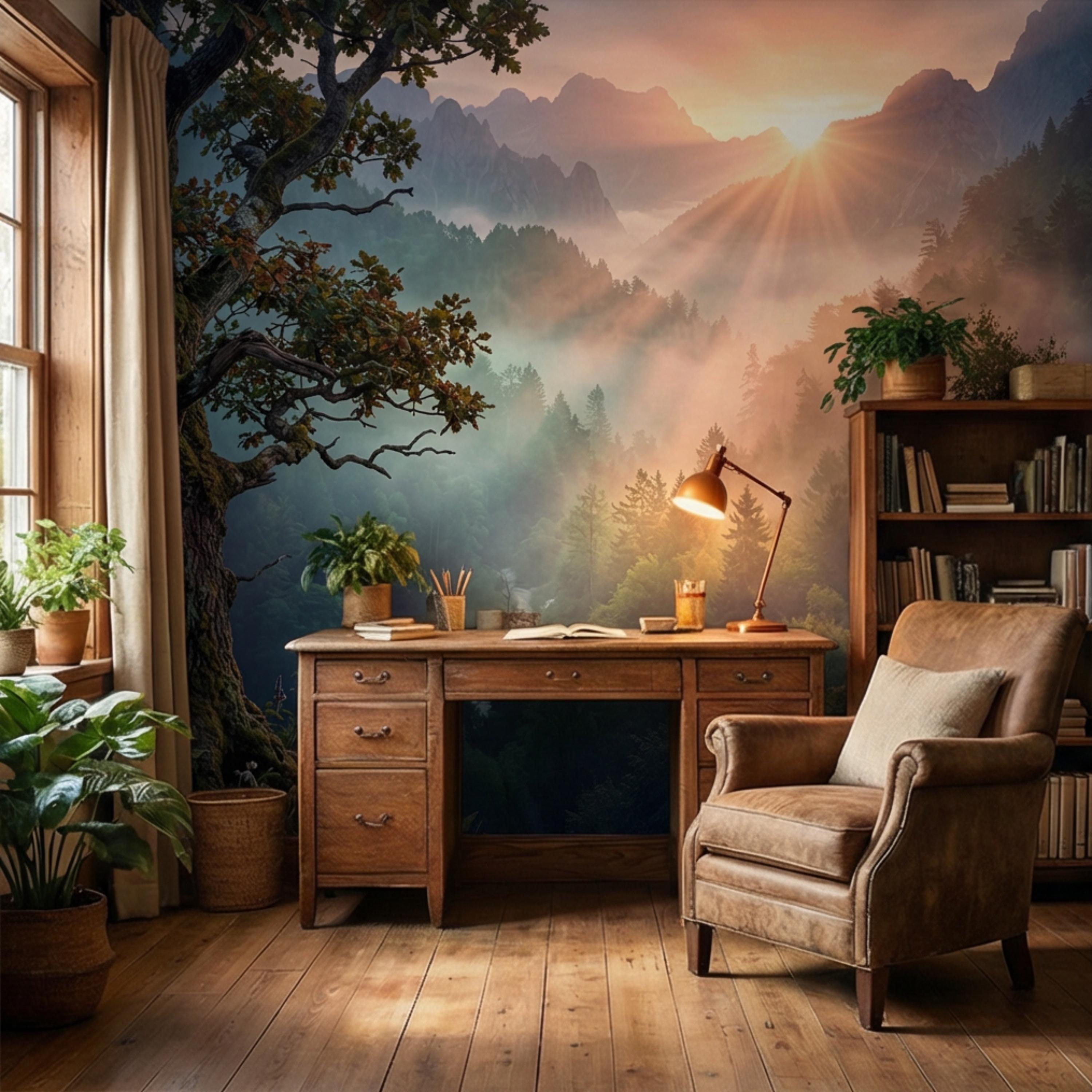 Mountain Sunrise Over Misty Forest Peel and Stick Wall Mural, Dramatic Valley Landscape Wallpaper