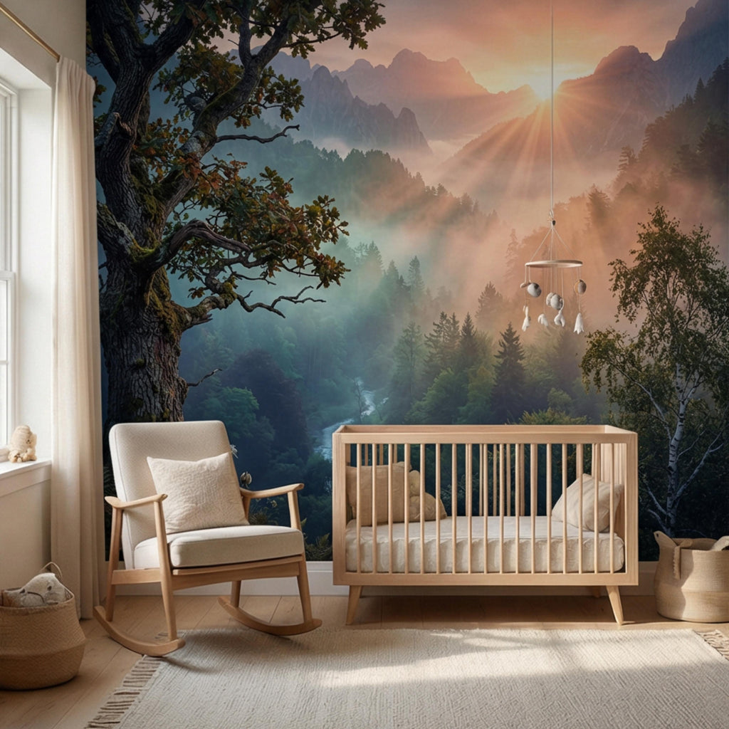 Mountain Sunrise Over Misty Forest Peel and Stick Wall Mural, Dramatic Valley Landscape Wallpaper