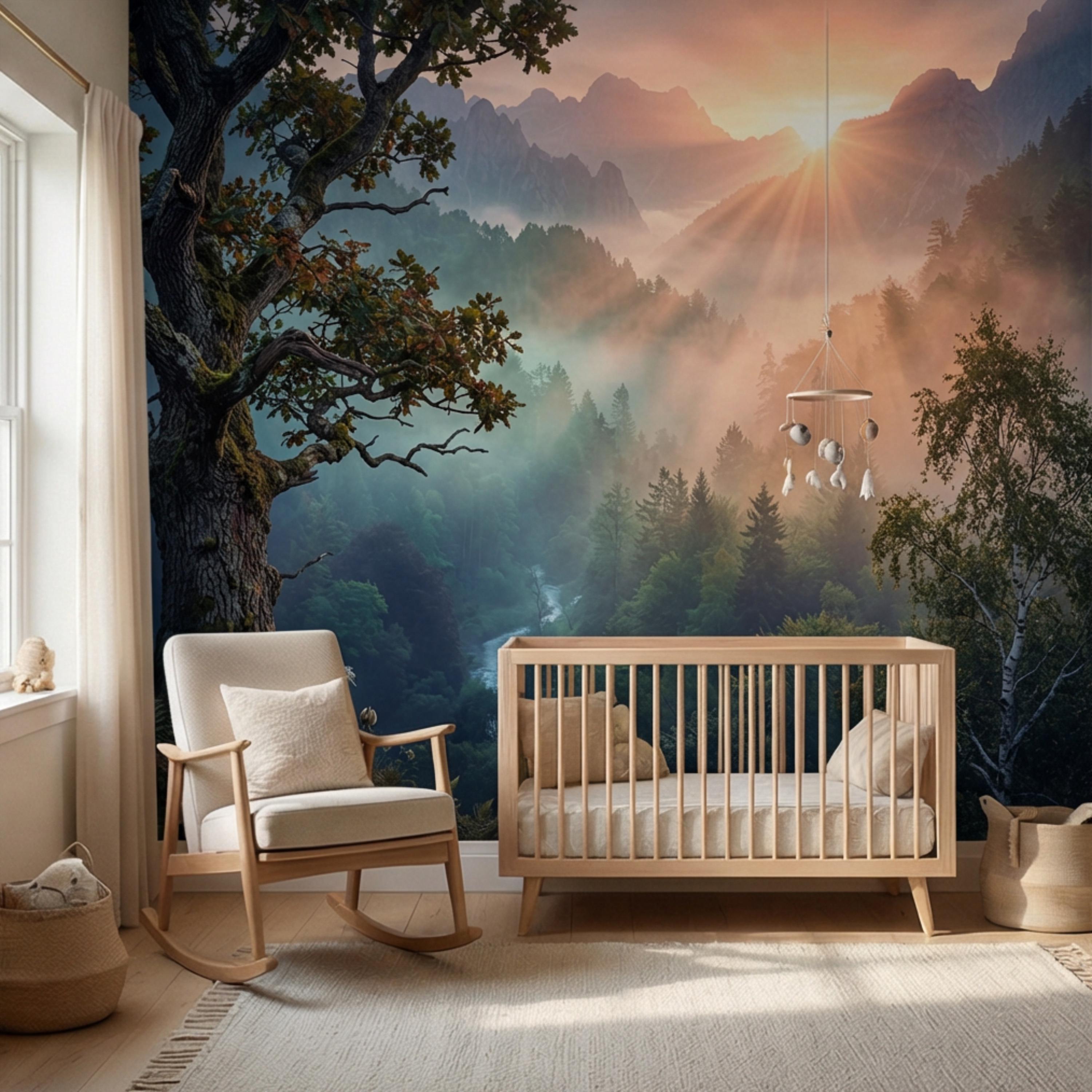 Mountain Sunrise Over Misty Forest Peel and Stick Wall Mural, Dramatic Valley Landscape Wallpaper