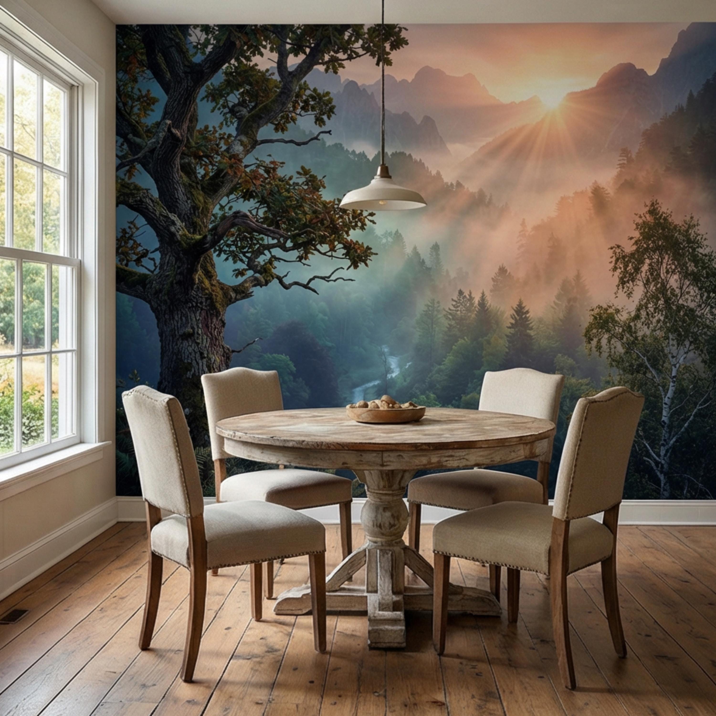 Mountain Sunrise Over Misty Forest Peel and Stick Wall Mural, Dramatic Valley Landscape Wallpaper