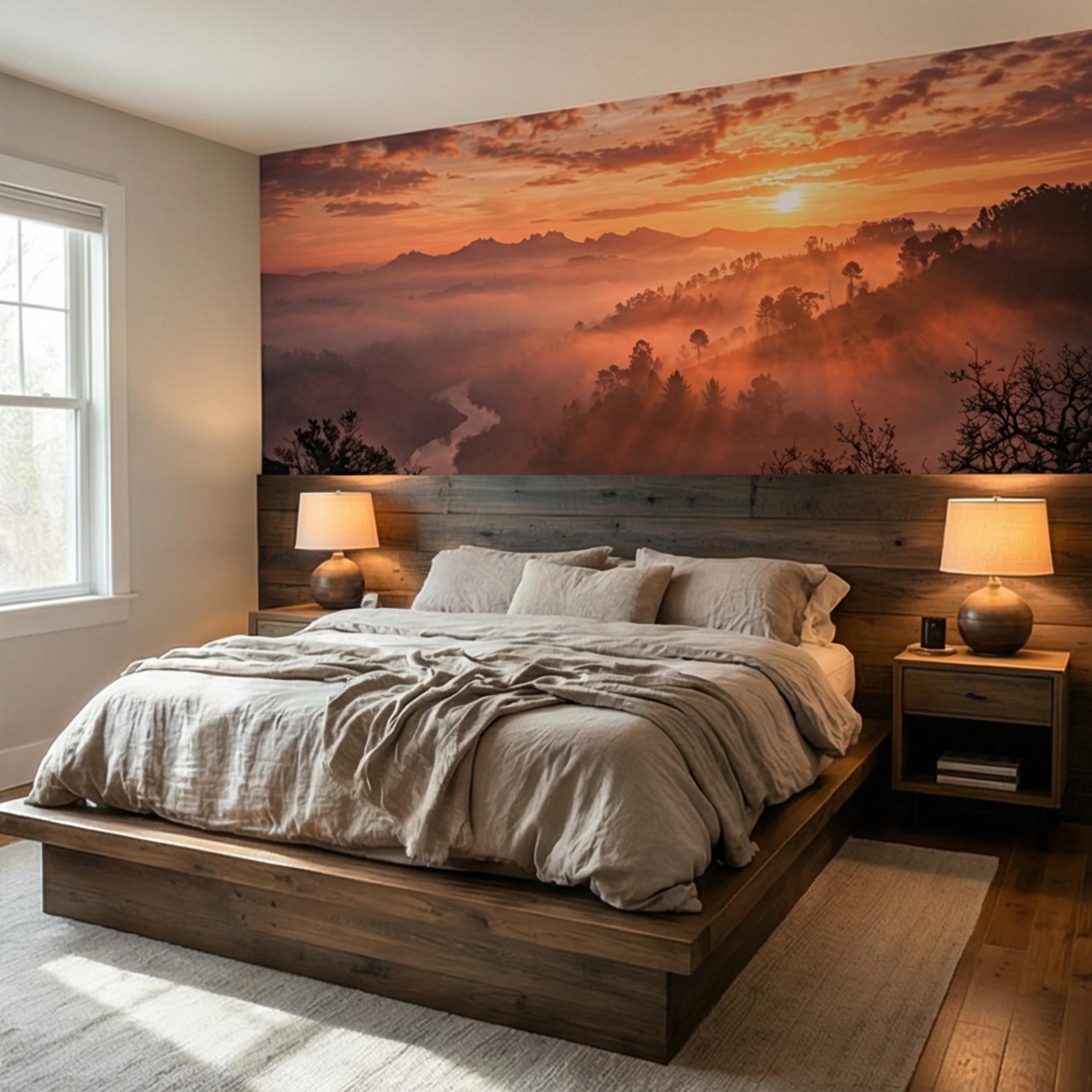Mountain Sunrise Over Misty Valley Peel and Stick Wall Mural, Dramatic Forest River Landscape Wallpaper