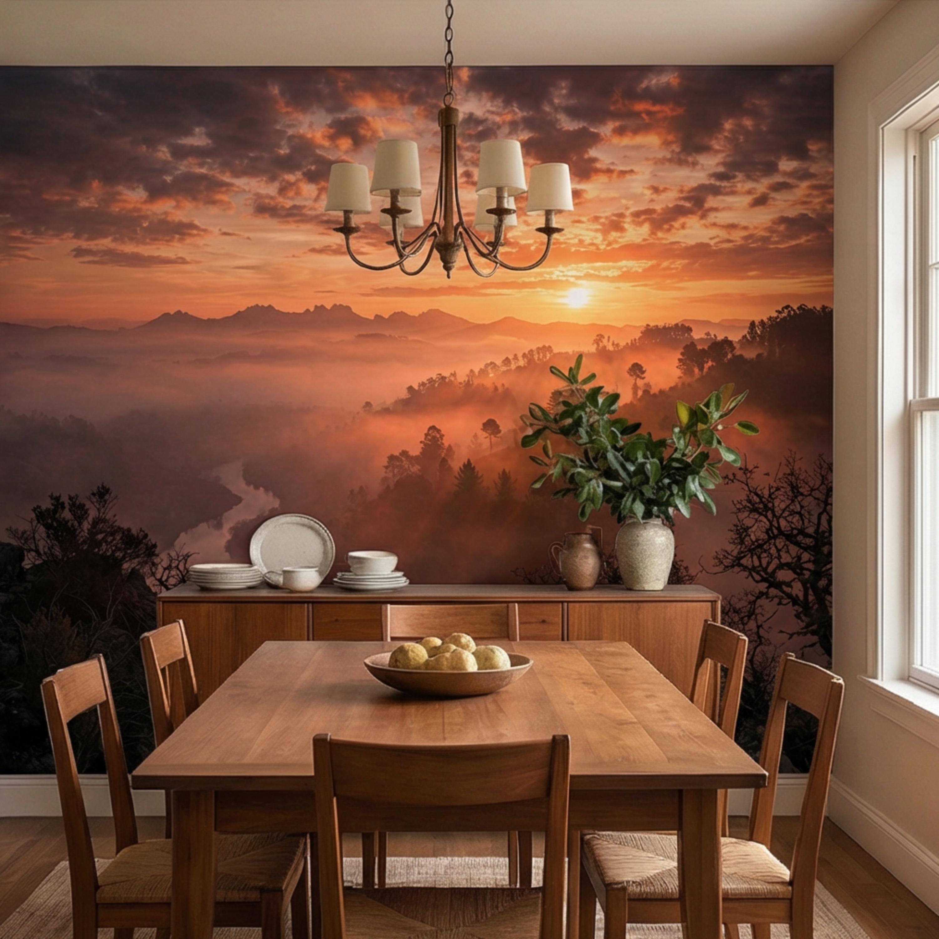Mountain Sunrise Over Misty Valley Peel and Stick Wall Mural, Dramatic Forest River Landscape Wallpaper