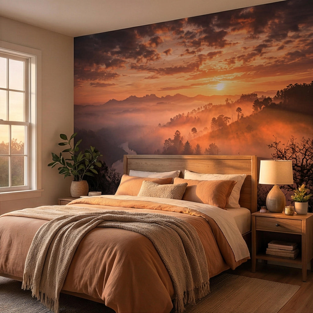 Mountain Sunrise Over Misty Valley Peel and Stick Wall Mural, Dramatic Forest River Landscape Wallpaper