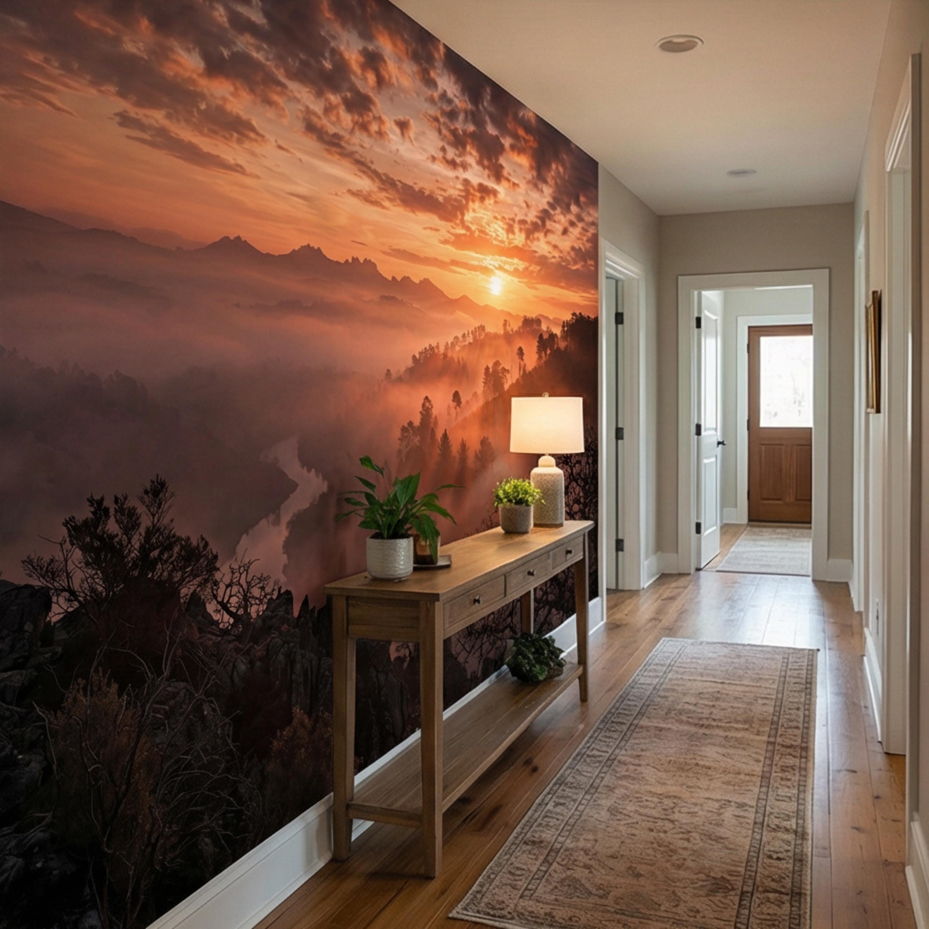 Mountain Sunrise Over Misty Valley Peel and Stick Wall Mural, Dramatic Forest River Landscape Wallpaper