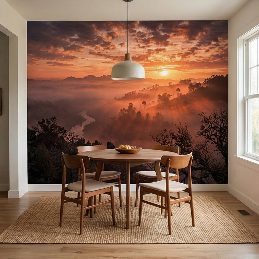 Mountain Sunrise Over Misty Valley Peel and Stick Wall Mural, Dramatic Forest River Landscape Wallpaper