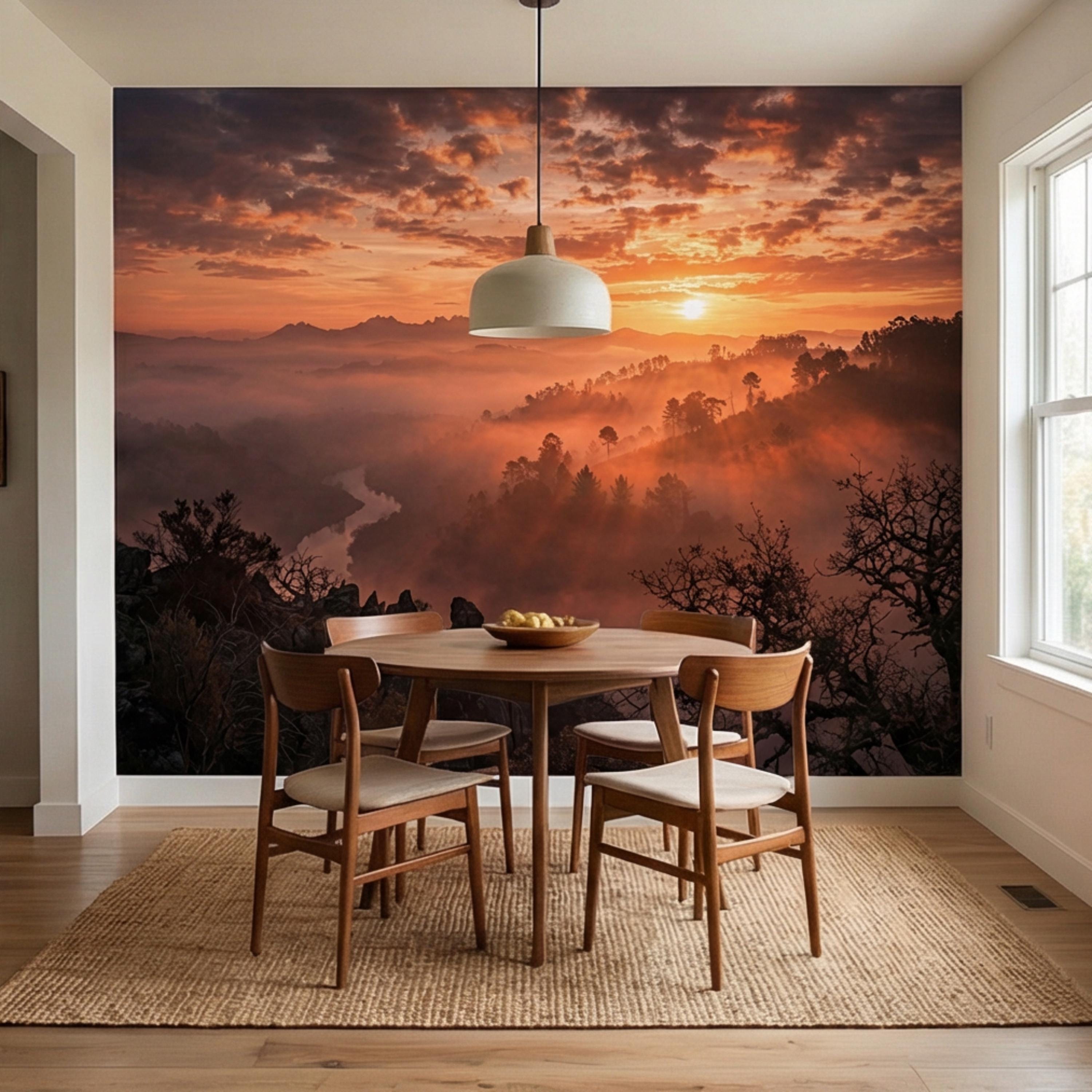 Mountain Sunrise Over Misty Valley Peel and Stick Wall Mural, Dramatic Forest River Landscape Wallpaper