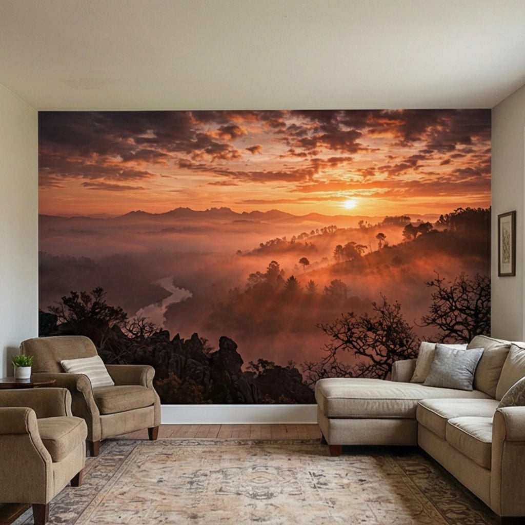 Mountain Sunrise Over Misty Valley Peel and Stick Wall Mural, Dramatic Forest River Landscape Wallpaper