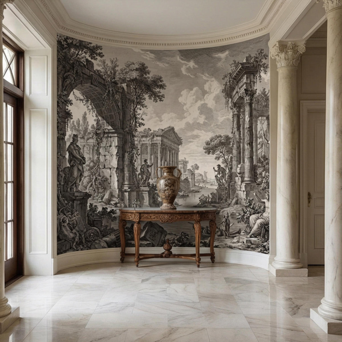 Roman ruins wall mural with large archway, columns, and engraved figures in dark gray