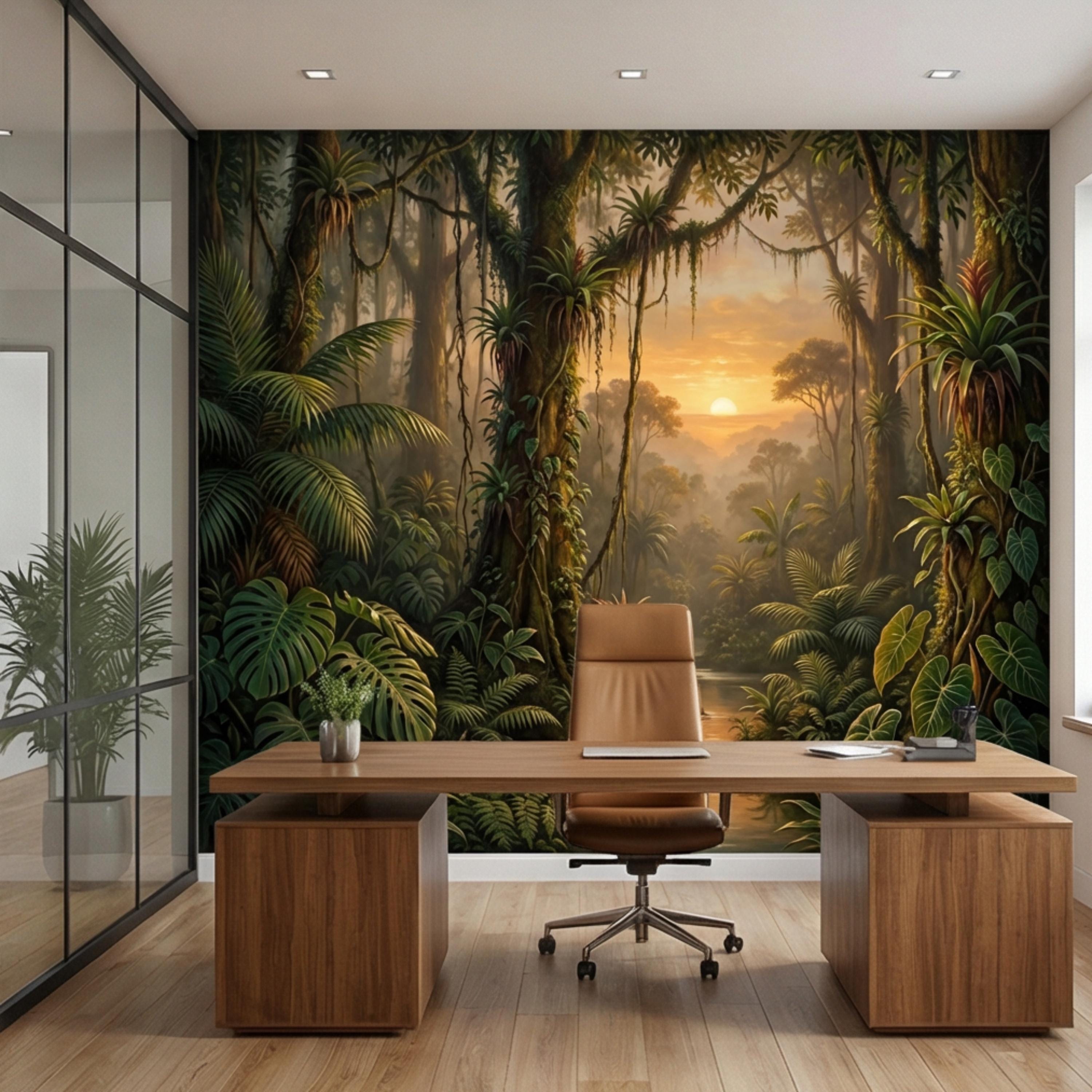 Tropical Jungle Sunset Peel and Stick Wall Mural, Lush Rainforest Landscape Wallpaper, Botanical Palm Forest Wall Decor