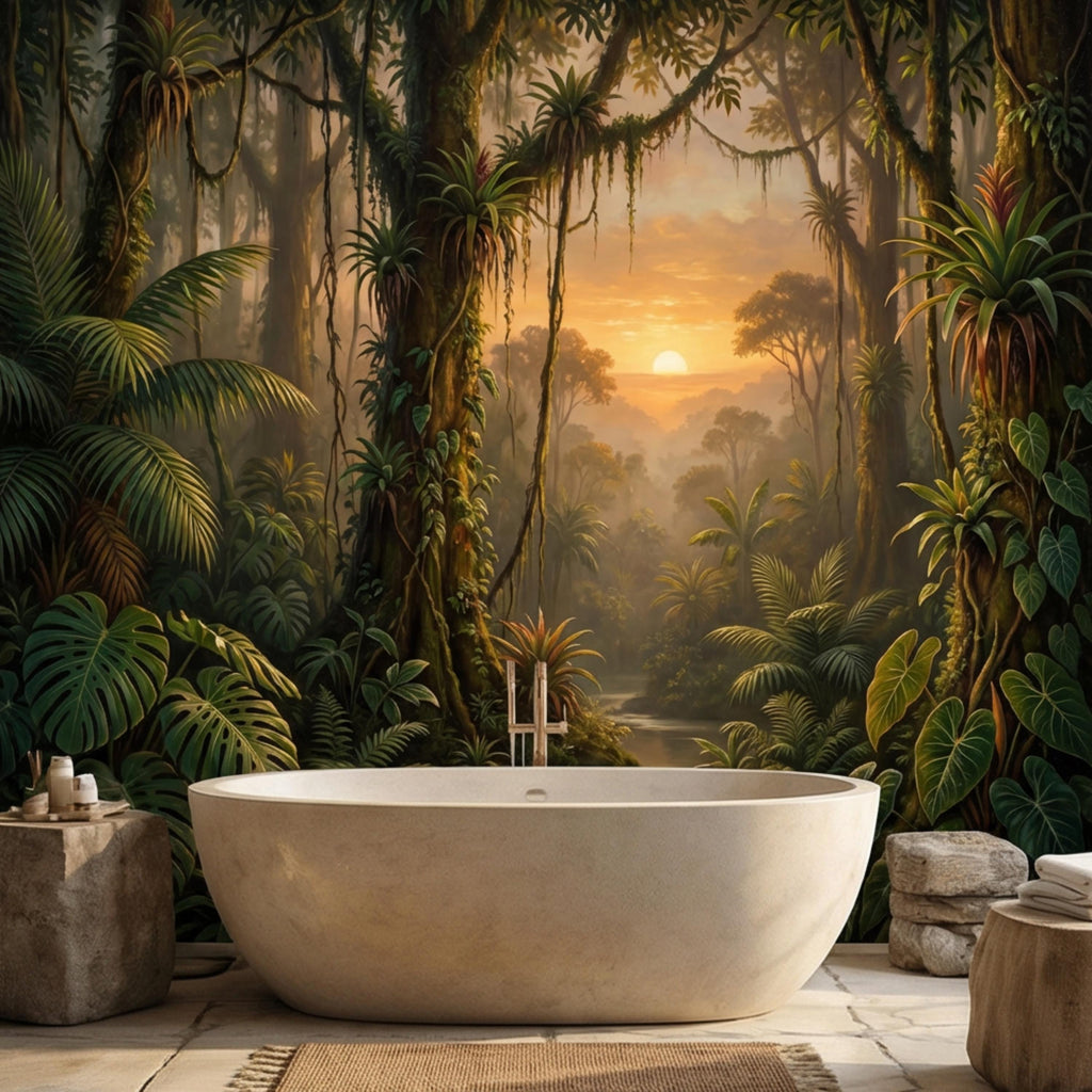 Tropical Jungle Sunset Peel and Stick Wall Mural, Lush Rainforest Landscape Wallpaper, Botanical Palm Forest Wall Decor