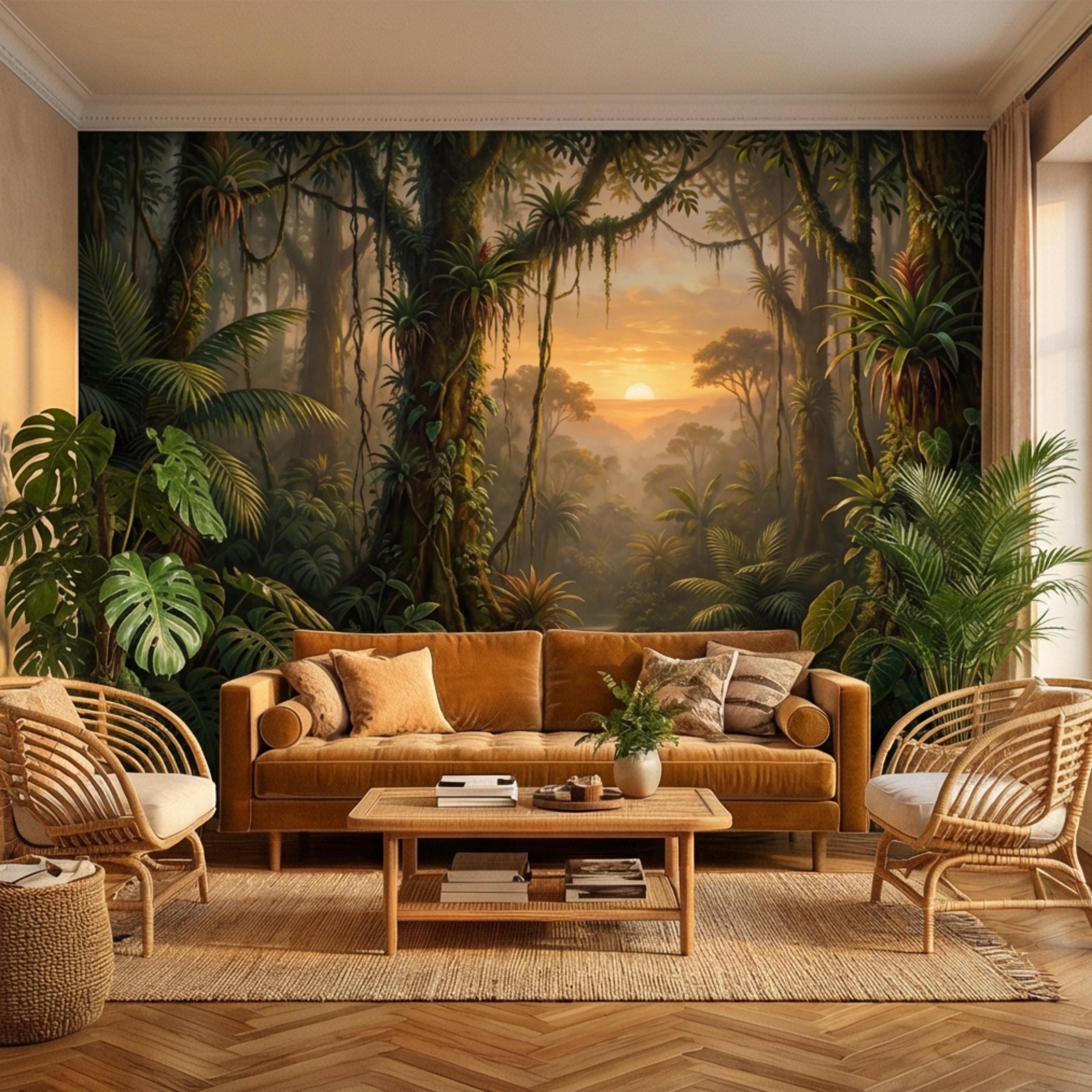 Tropical Jungle Sunset Peel and Stick Wall Mural, Lush Rainforest Landscape Wallpaper, Botanical Palm Forest Wall Decor