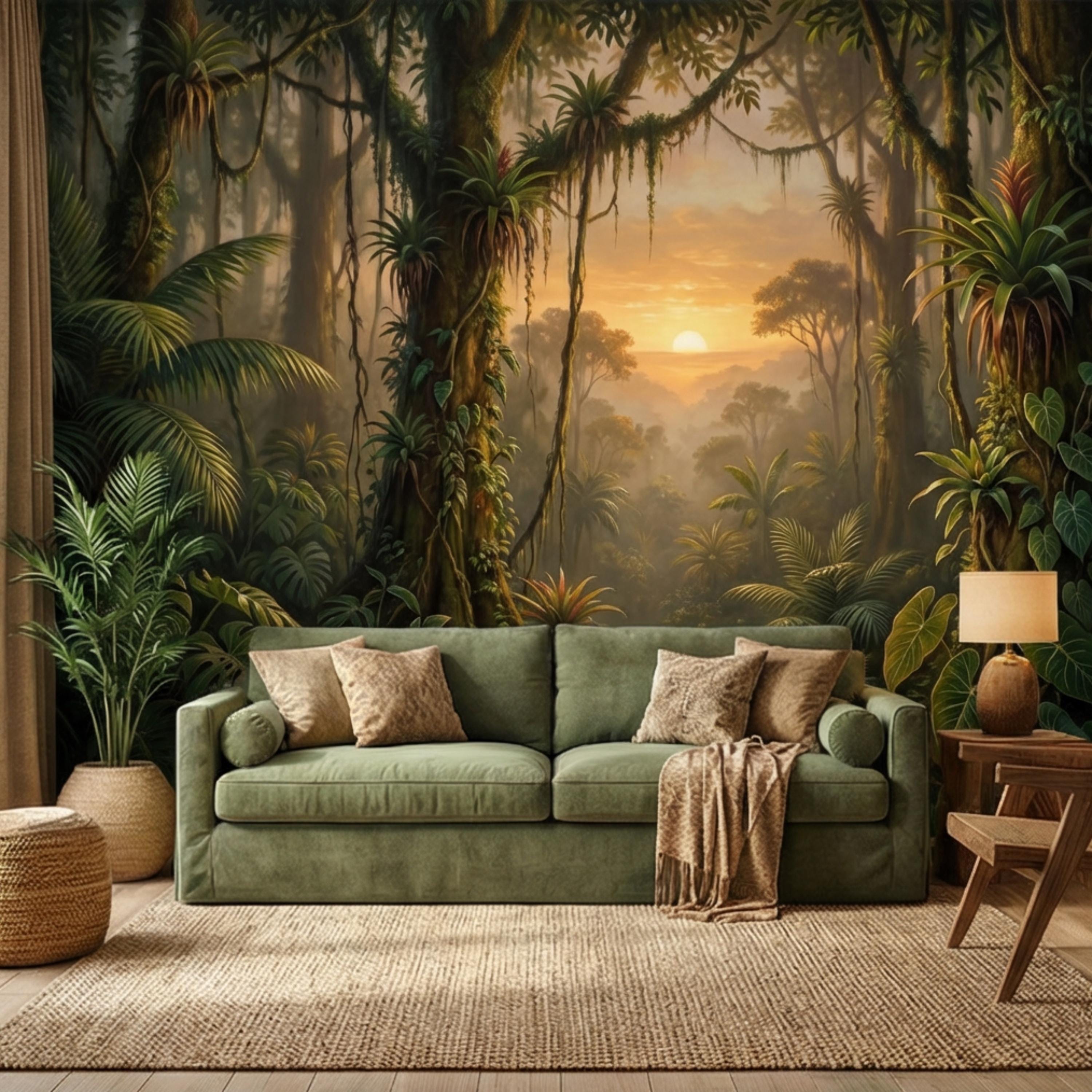Tropical Jungle Sunset Peel and Stick Wall Mural, Lush Rainforest Landscape Wallpaper, Botanical Palm Forest Wall Decor