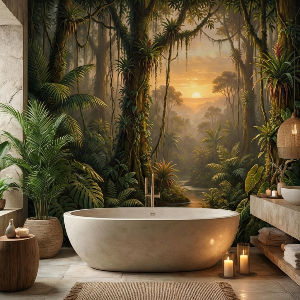 Tropical Jungle Sunset Peel and Stick Wall Mural, Lush Rainforest Landscape Wallpaper, Botanical Palm Forest Wall Decor