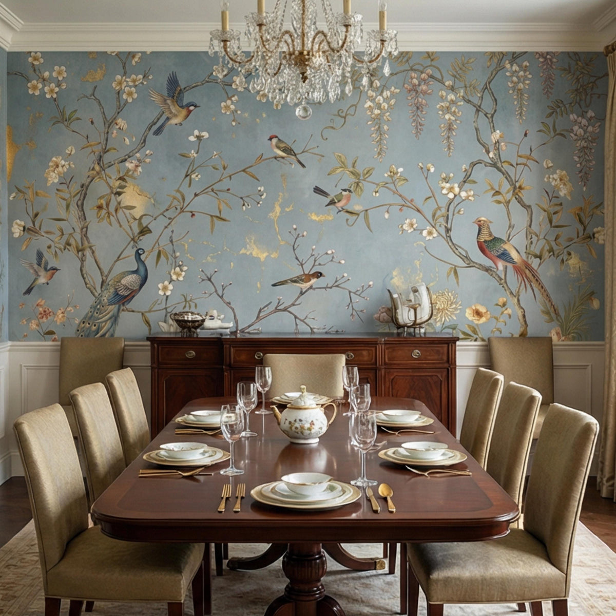 Floral bird wall mural with blue sky background, blossoms, and multi-colored birds