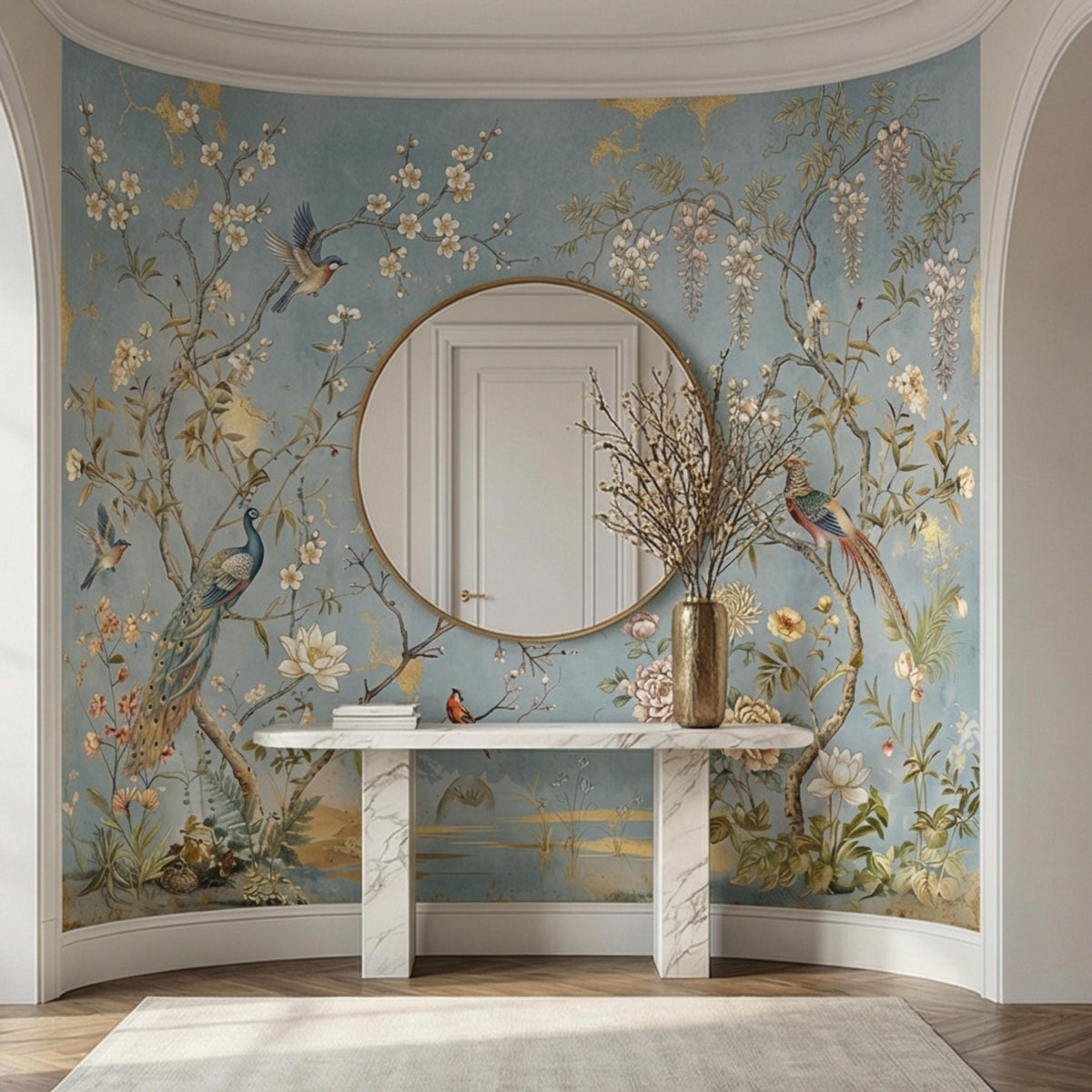 Botanical bird wall mural with blue background, blossoms, and a round mirror feature