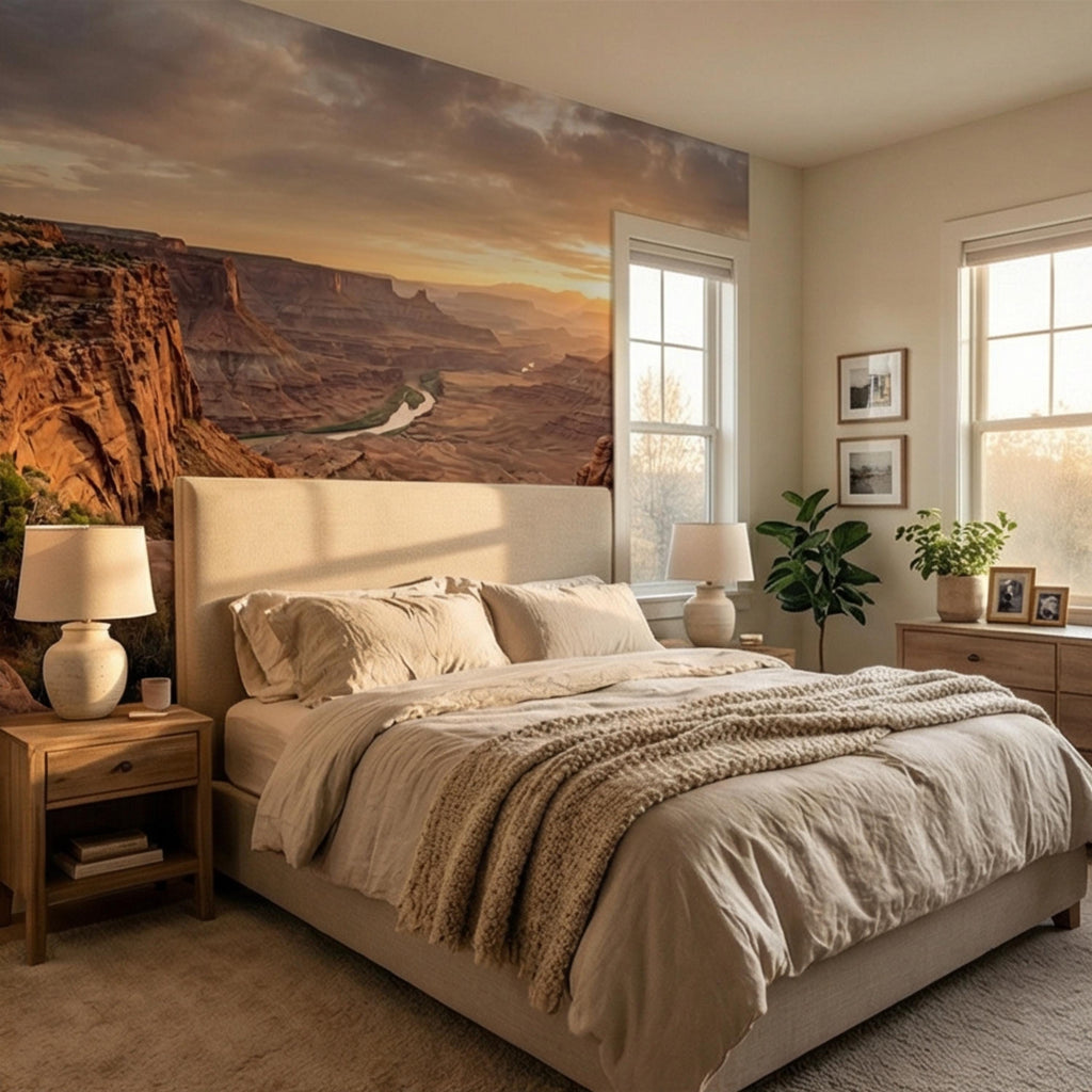 Southwest Canyon Sunrise Panoramic Peel and Stick Wall Mural, Desert River Valley Landscape Wallpaper
