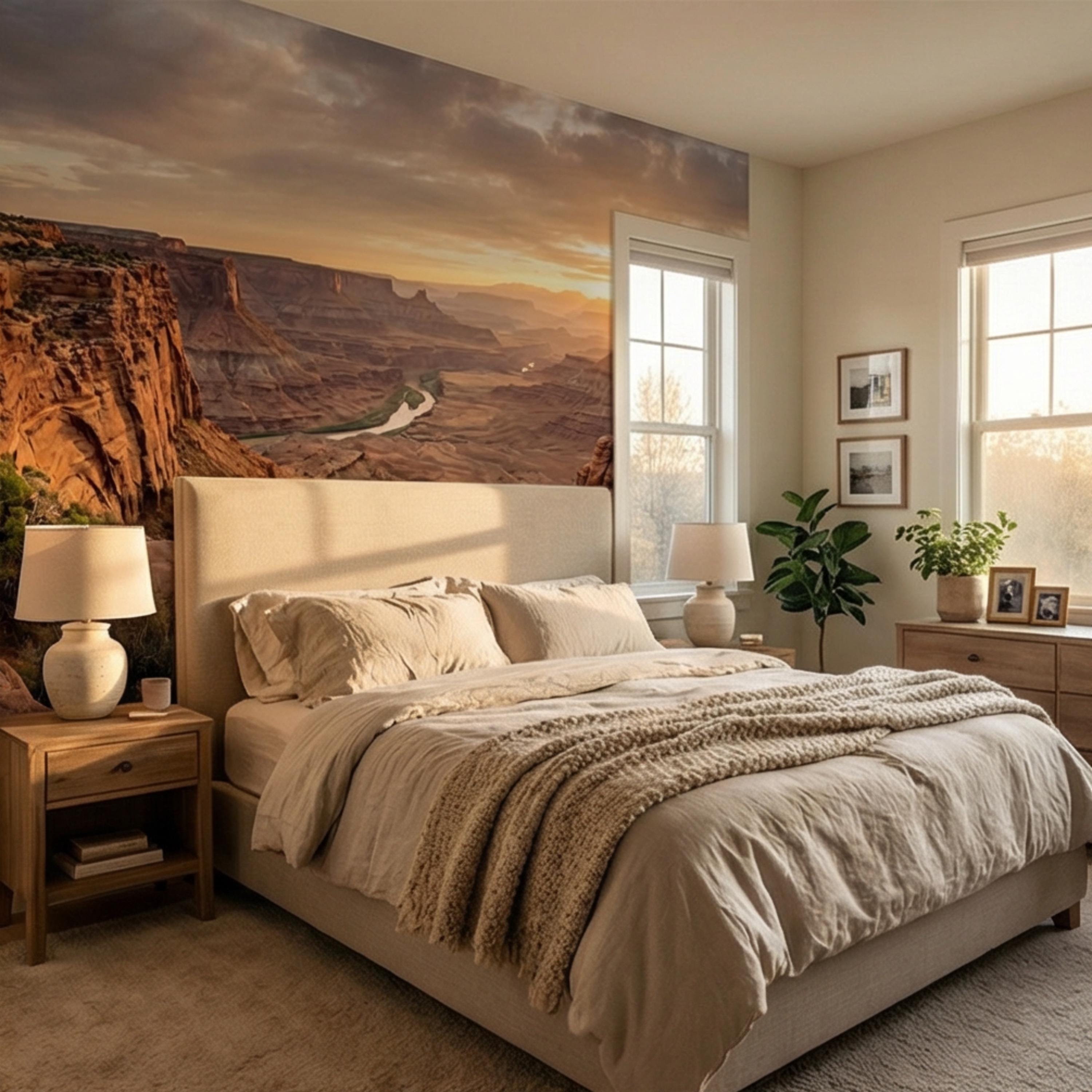 Southwest Canyon Sunrise Panoramic Peel and Stick Wall Mural, Desert River Valley Landscape Wallpaper